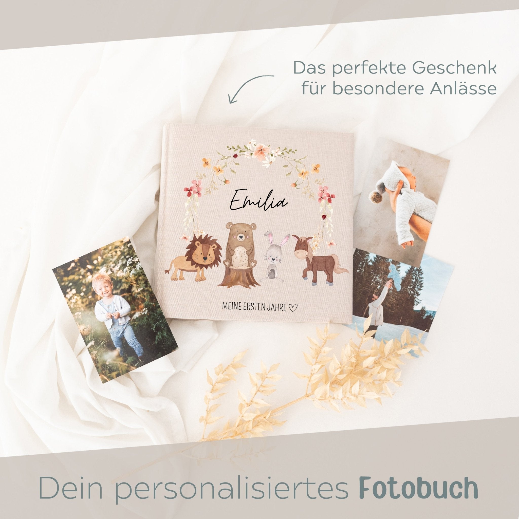 Fotoalbum mit Leineneinband - Tiere Blumenkreis Aquarell - wunderwunsch