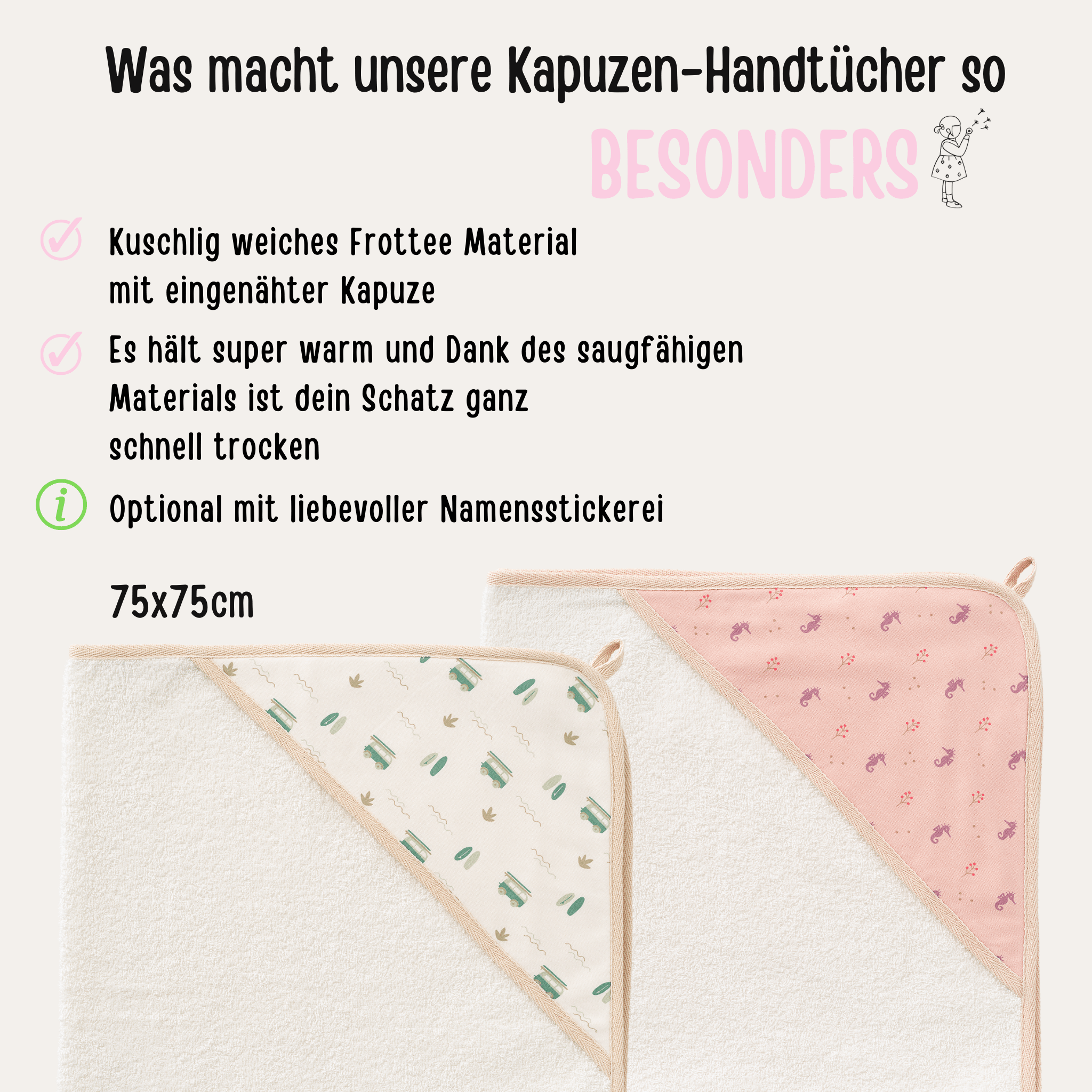 FRESK Baby Kapuzenhandtuch Frottee "Seepferdchen" oder "Camper" - wunderwunsch