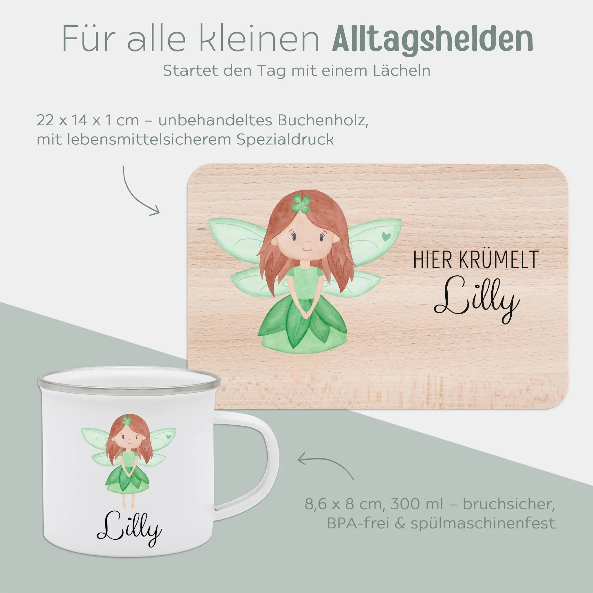 Frühstücks Bundle - Frühstücksbrettchen + Emaille Tasse personalisiert - Fee Aquarell - wunderwunsch