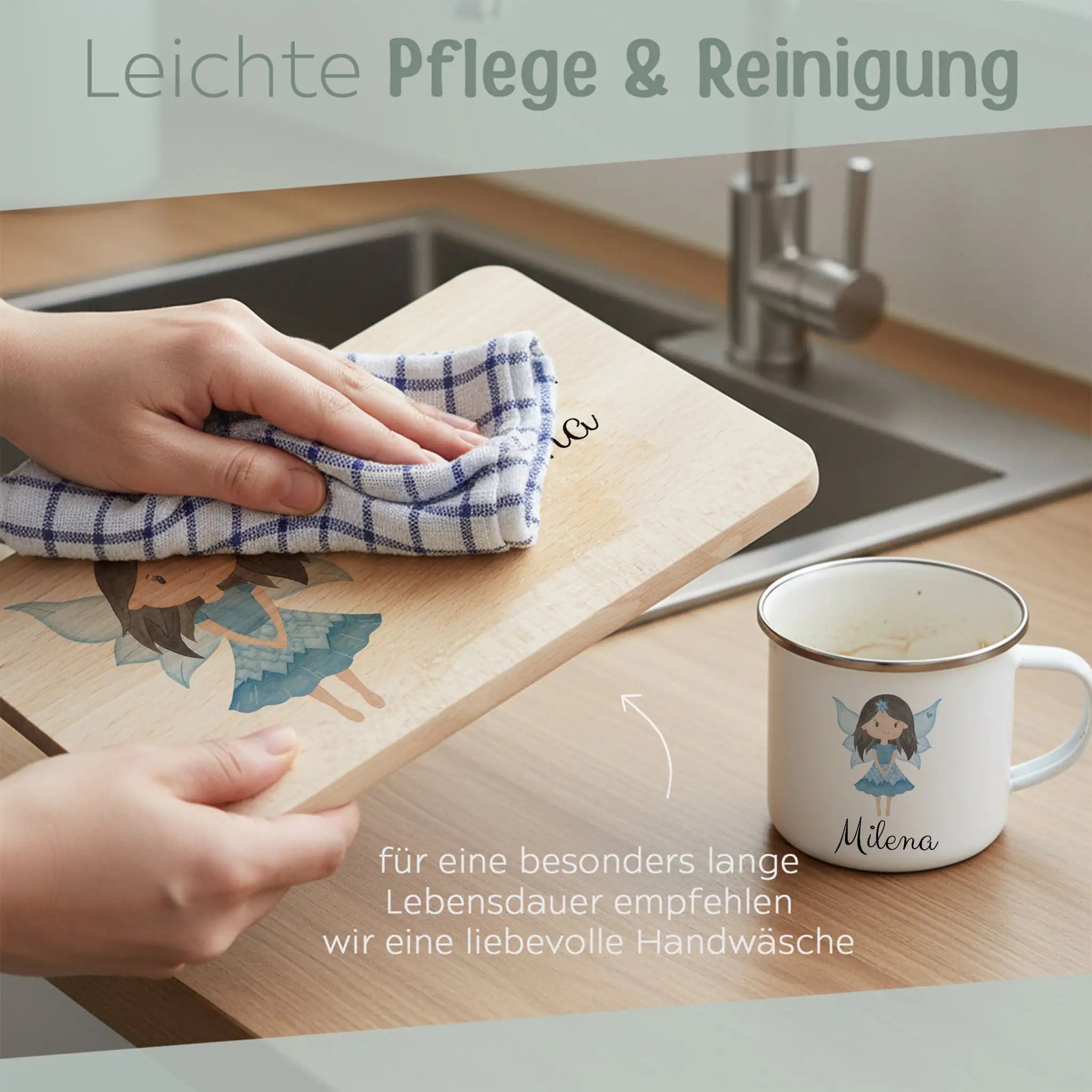 Frühstücks Bundle - Frühstücksbrettchen + Emaille Tasse personalisiert - Fee Aquarell - wunderwunsch