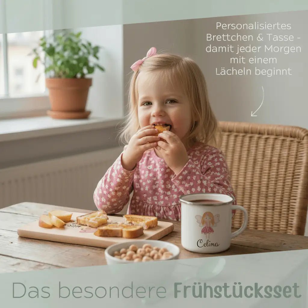 Frühstücks Bundle - Frühstücksbrettchen + Emaille Tasse personalisiert - Fee Aquarell - wunderwunsch