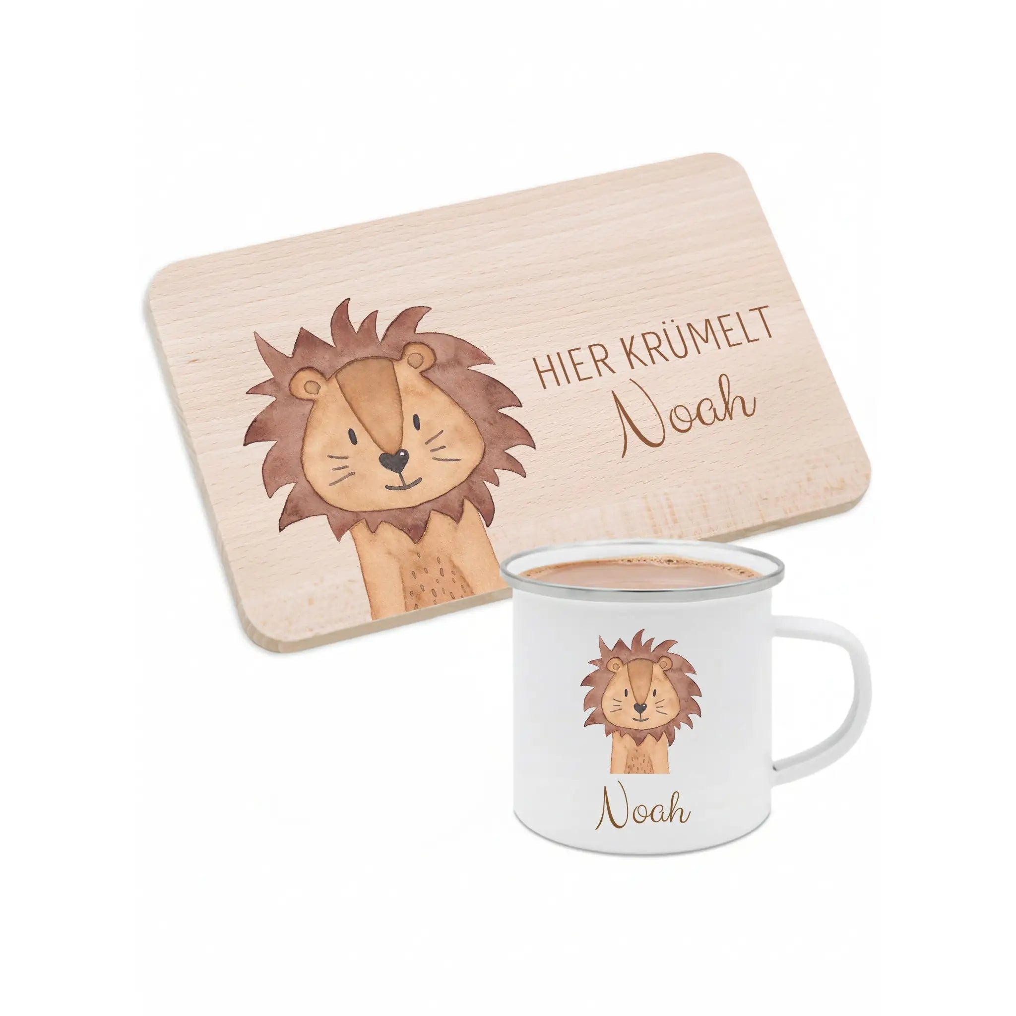 Frühstücks Bundle - Frühstücksbrettchen + Emaille Tasse personalisiert - Tier Aquarell - wunderwunsch
