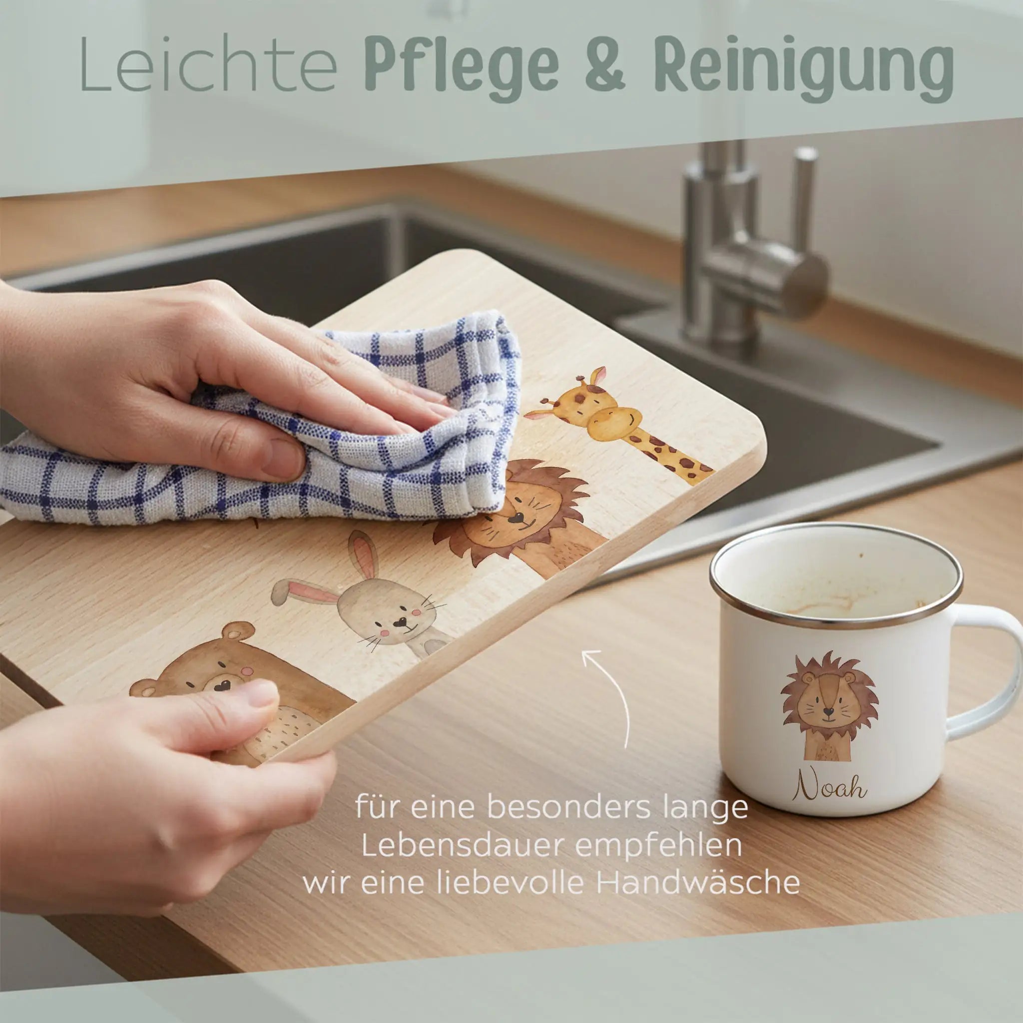 Frühstücks Bundle - Frühstücksbrettchen + Emaille Tasse personalisiert - Tiere unten Aquarell - wunderwunsch
