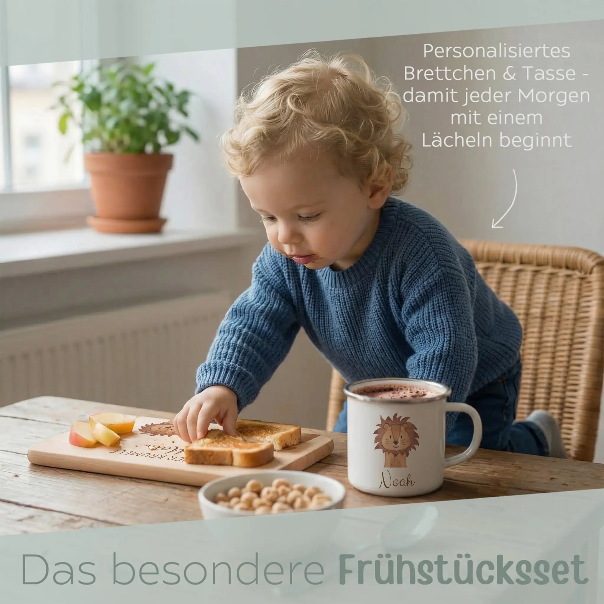 Frühstücks Bundle - Frühstücksbrettchen + Emaille Tasse personalisiert - Tiere unten Aquarell - wunderwunsch