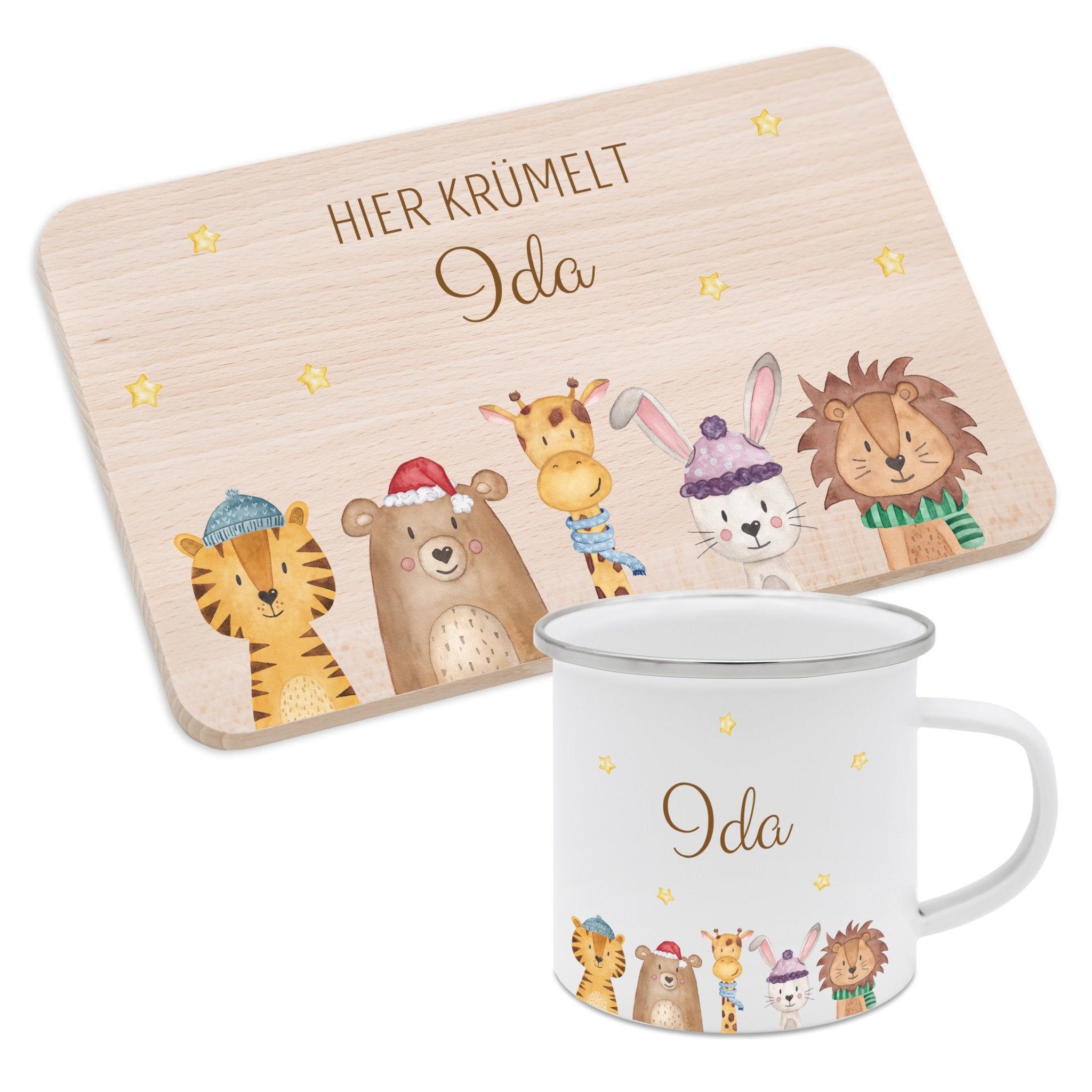 Frühstücksbrett und Emaille Kindertasse personalisiert - Weihnachtstiere Sterne bunt - wunderwunsch