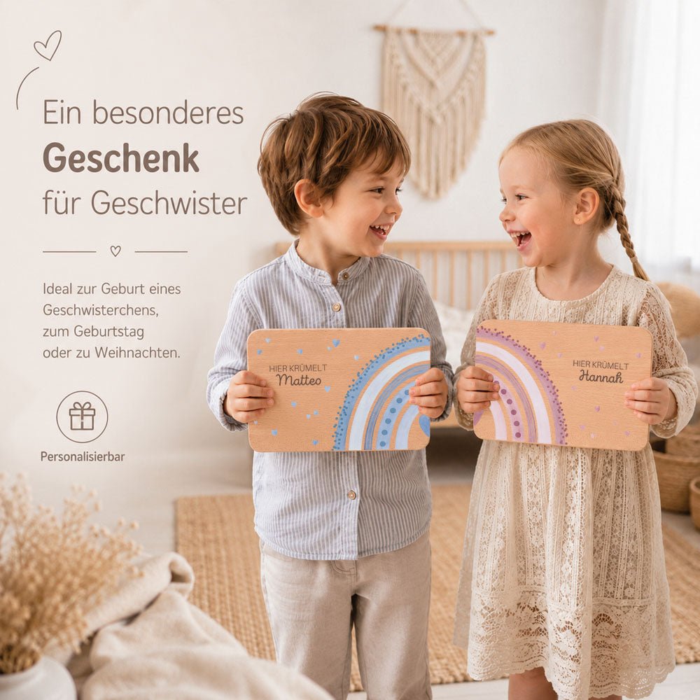 Frühstücksbrettchen Geschwister personalisiert - Regenbogen - wunderwunsch
