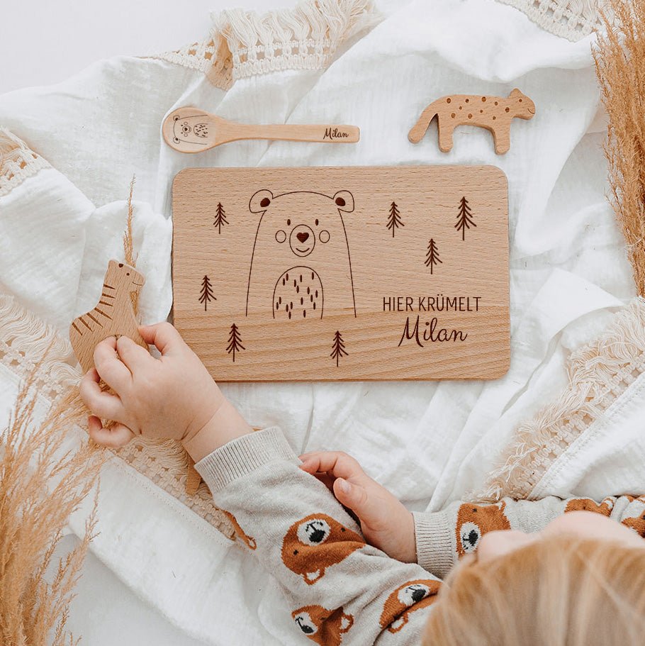 Frühstücksbrettchen mit Kinderlöffel personalisiert - Tier Wald Gravur - wunderwunsch