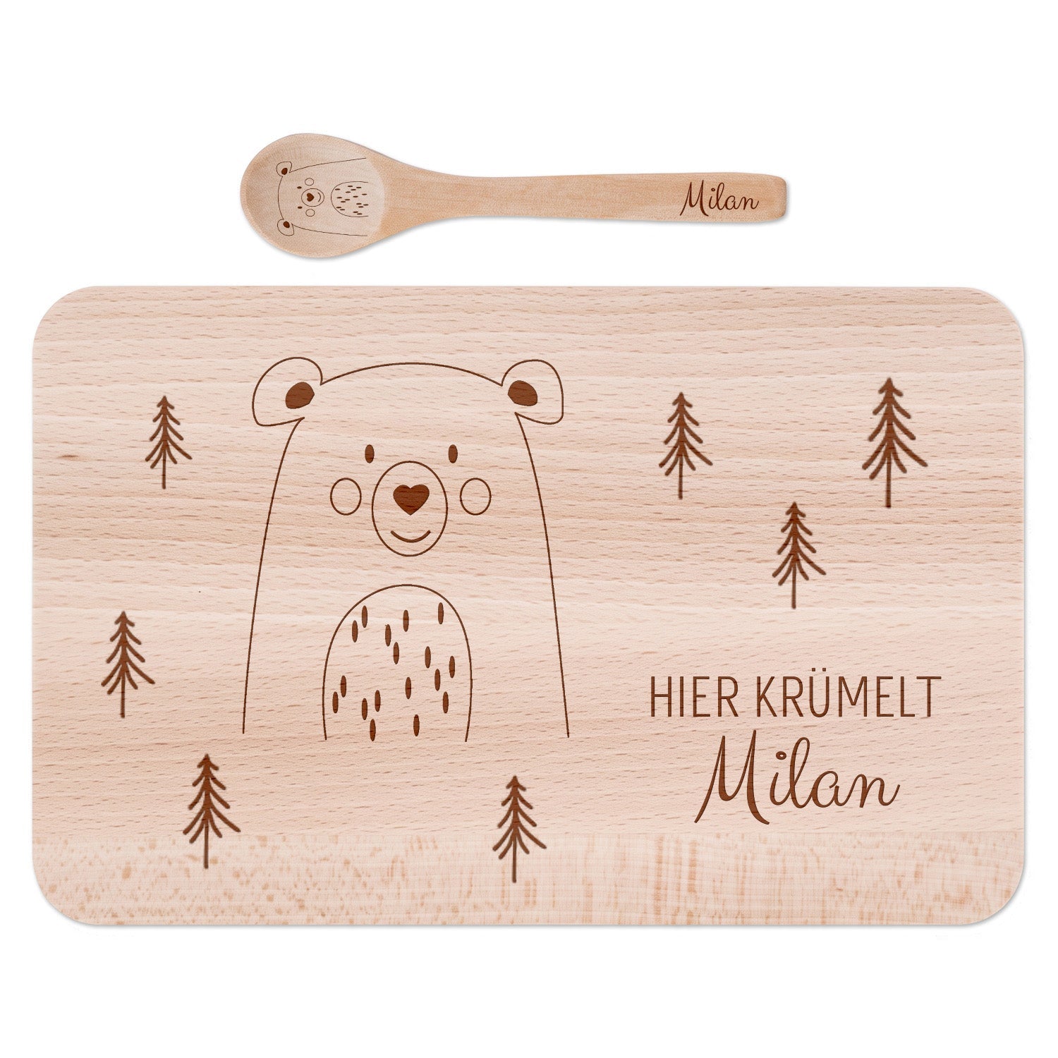 Frühstücksbrettchen mit Kinderlöffel personalisiert - Tier Wald Gravur - wunderwunsch