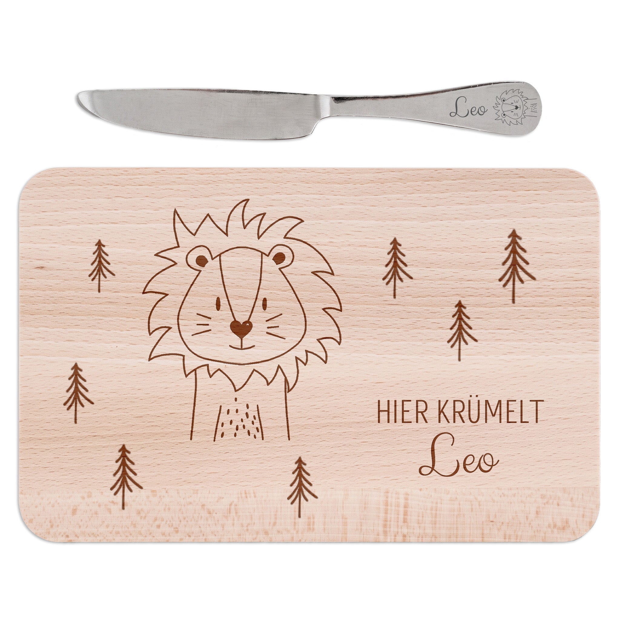 Frühstücksbrettchen mit Kindermesser personalisiert - Tier Wald Gravur - wunderwunsch