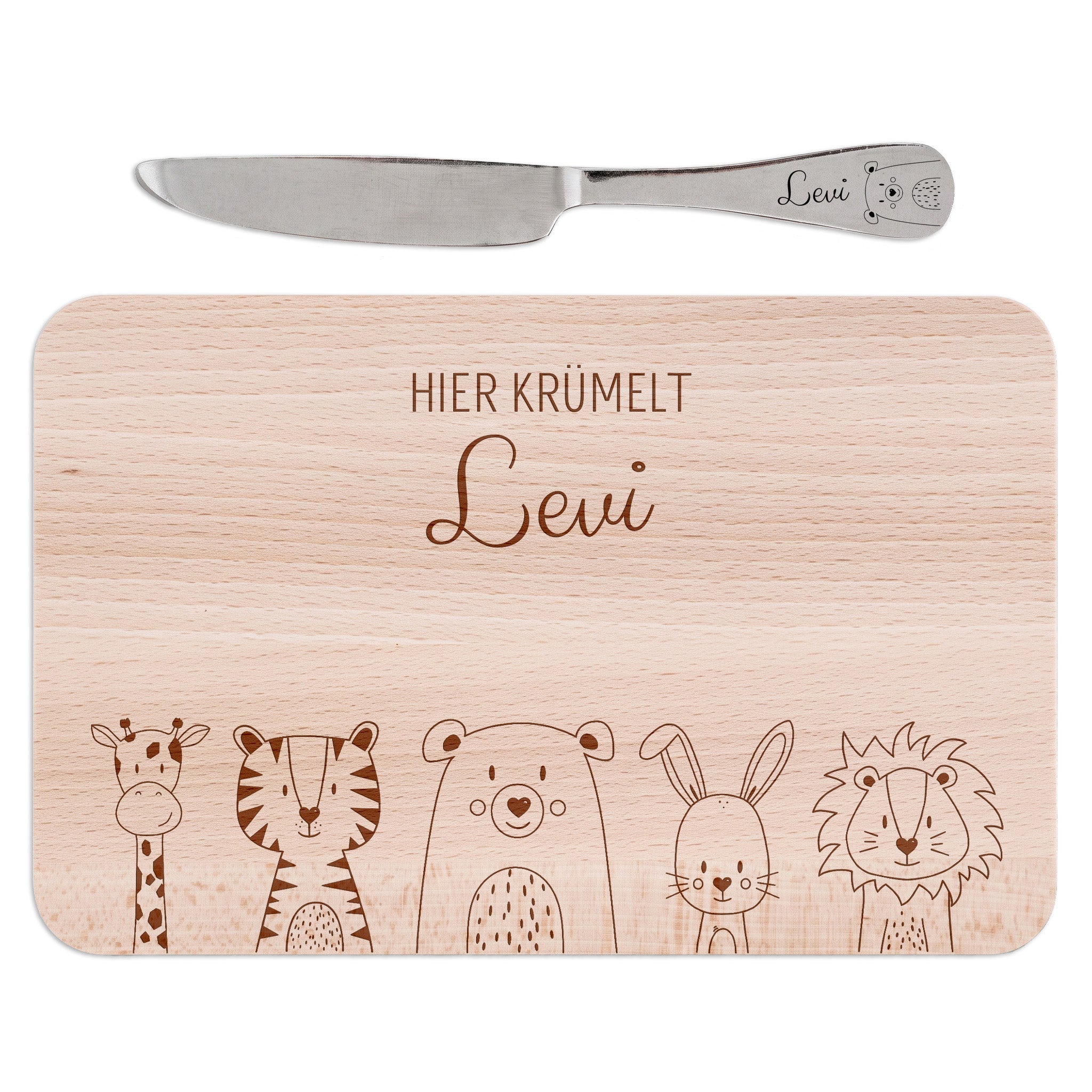 Frühstücksbrettchen mit Kindermesser personalisiert - Tiere unten Gravur - wunderwunsch