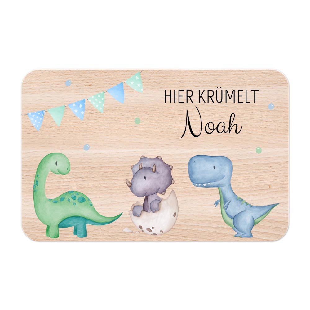 Frühstücksbrettchen personalisiert - Dinosaurier blaue Girlande Aquarell - wunderwunsch