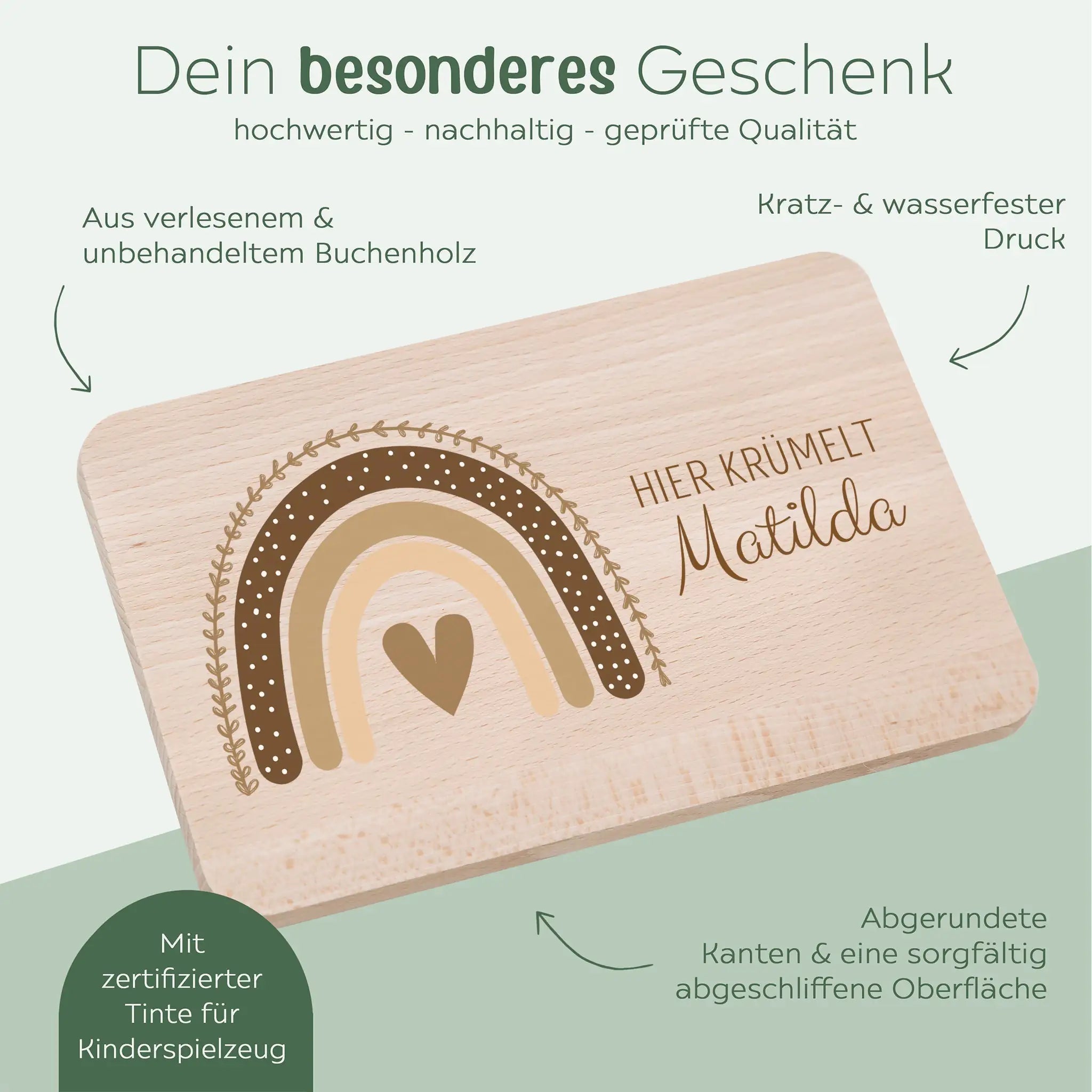 Frühstücksbrettchen personalisiert - Regenbogen Boho beige Aquarell - wunderwunsch