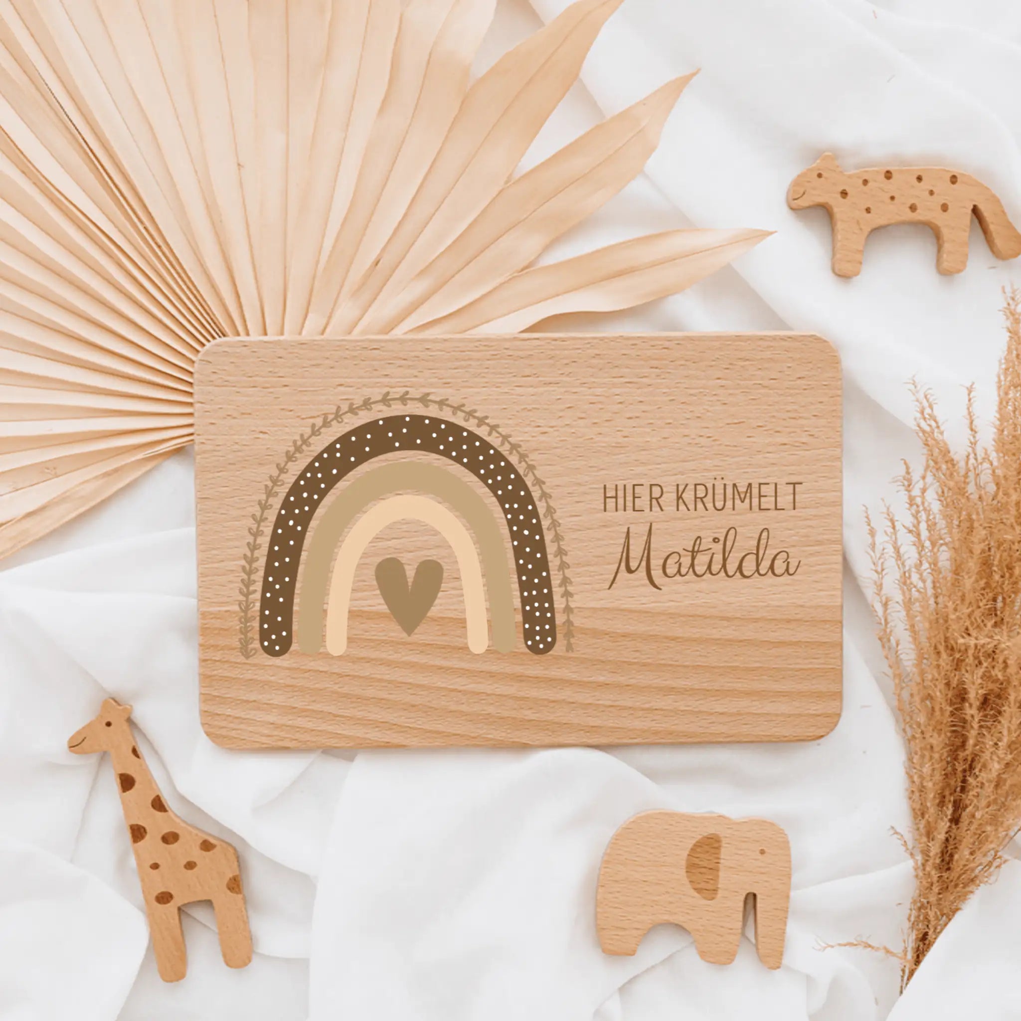Frühstücksbrettchen personalisiert - Regenbogen Boho beige Aquarell - wunderwunsch