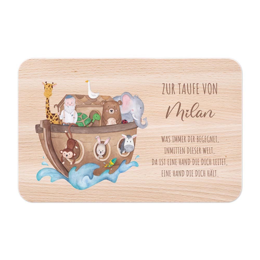 Frühstücksbrettchen personalisiert - Taufe Arche Noah Tiere - wunderwunsch