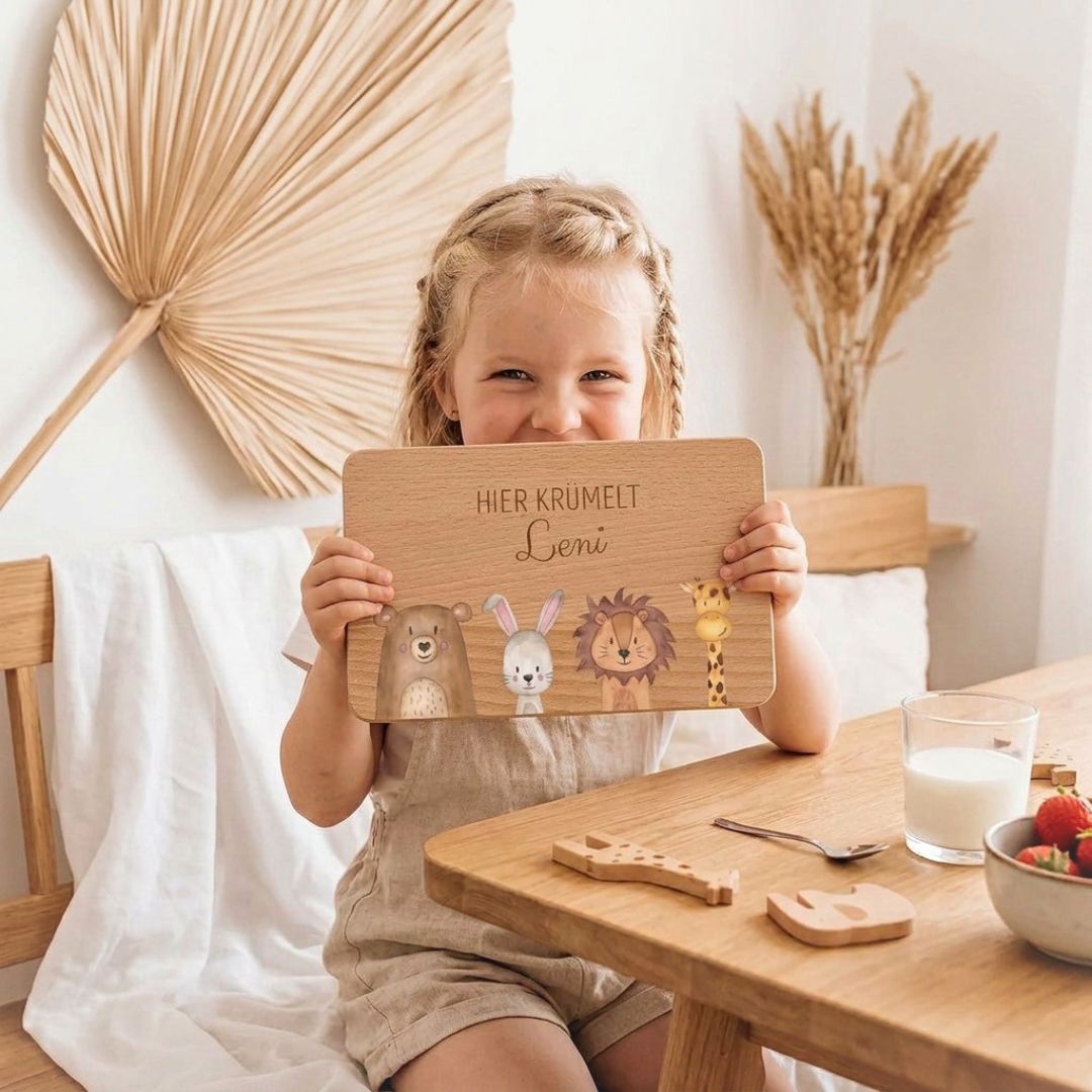 Frühstücksbrettchen personalisiert - Tiere unten Aquarell - wunderwunsch