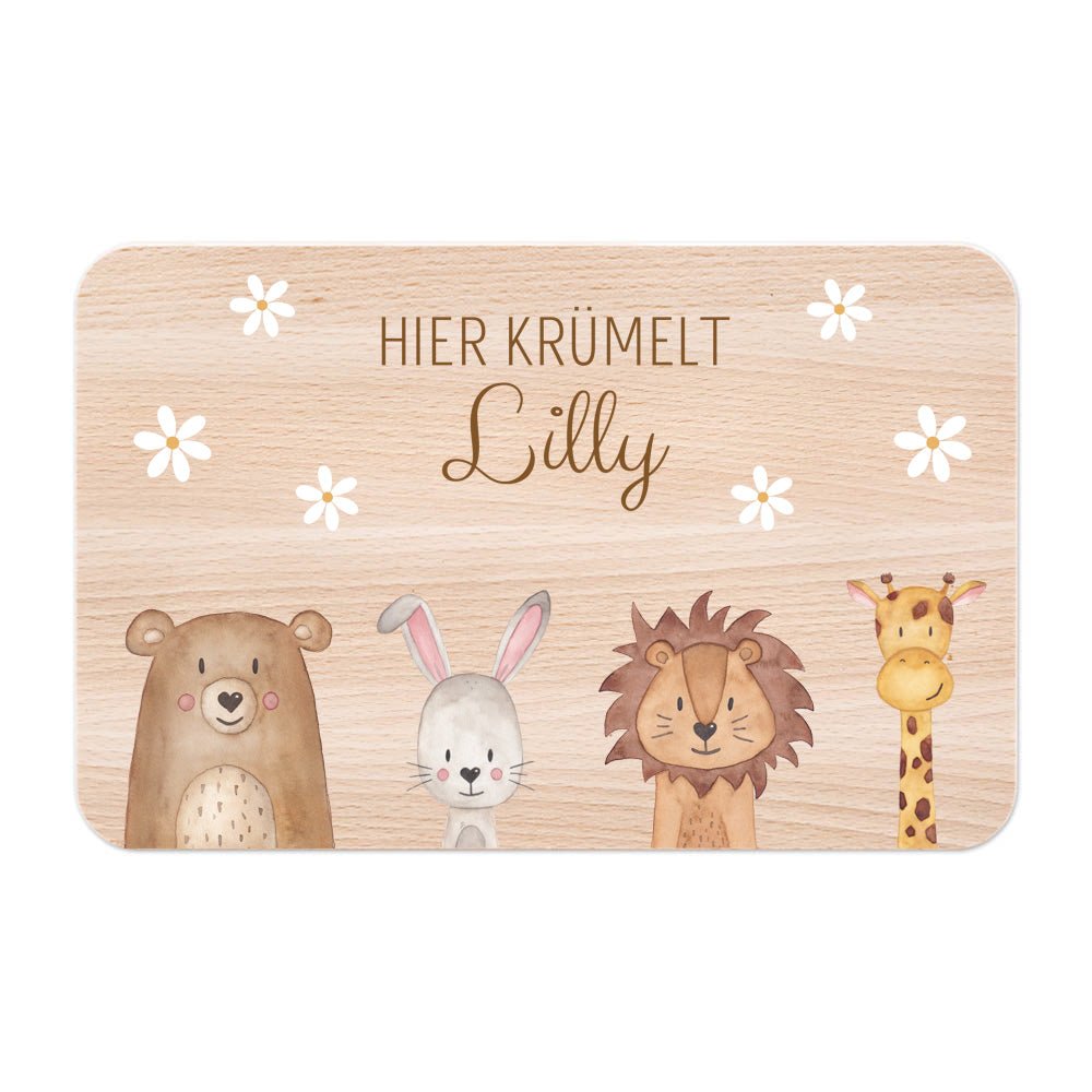 Frühstücksbrettchen personalisiert - Tiere unten Blümchen Aquarell - wunderwunsch