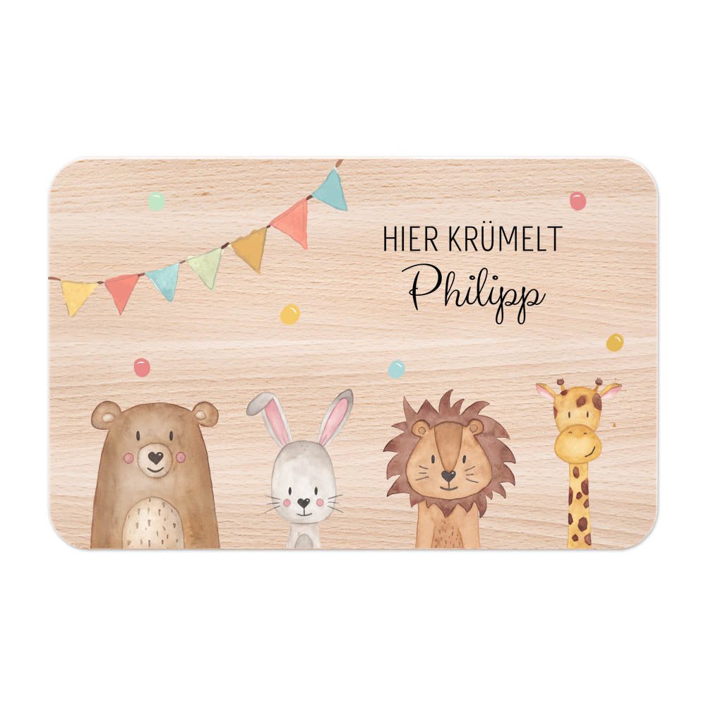 Frühstücksbrettchen personalisiert - Tiere unten Girlande Aquarell - wunderwunsch