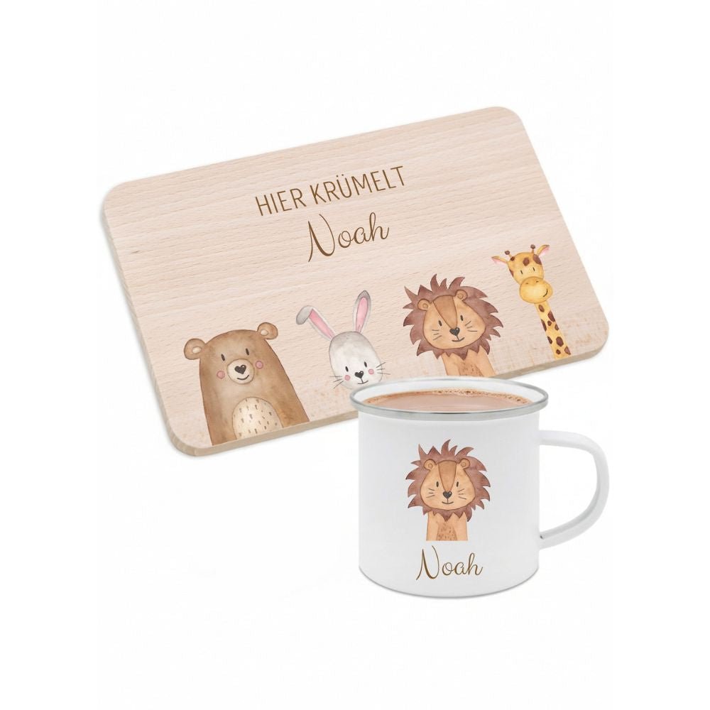 Frühstücks Bundle - Frühstücksbrettchen + Emaille Tasse personalisiert - Tiere unten Aquarell - wunderwunsch