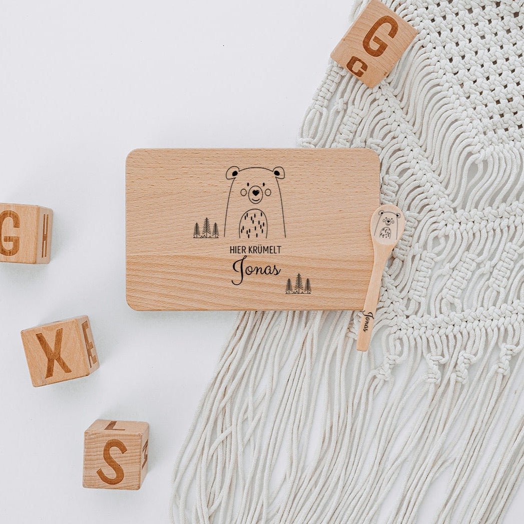 Frühstücksbrettchen mit Kinderlöffel personalisiert - Tier Bäume Gravur - wunderwunsch