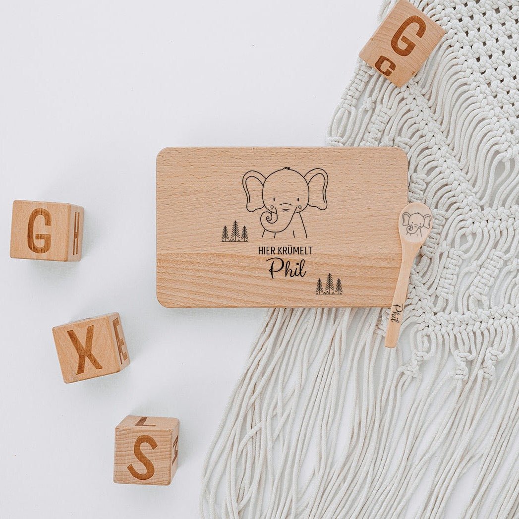 Frühstücksbrettchen mit Kinderlöffel personalisiert - Tier Bäume Gravur - wunderwunsch