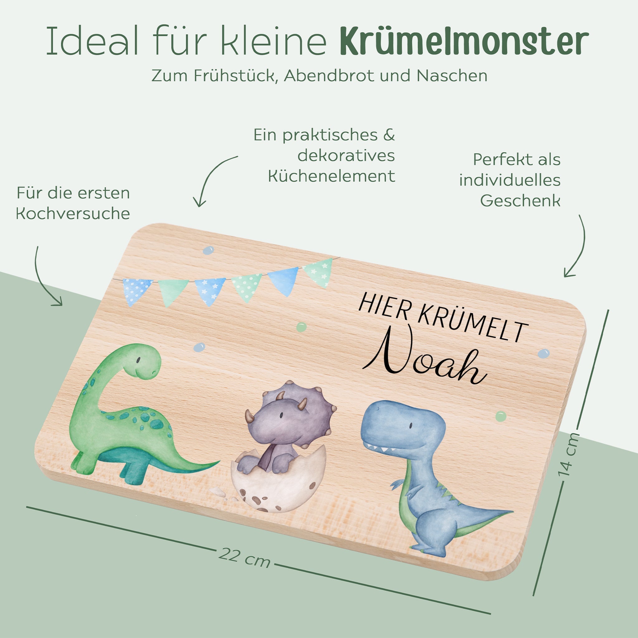 Frühstücksbrettchen personalisiert - Dinosaurier blaue Girlande Aquarell - wunderwunsch
