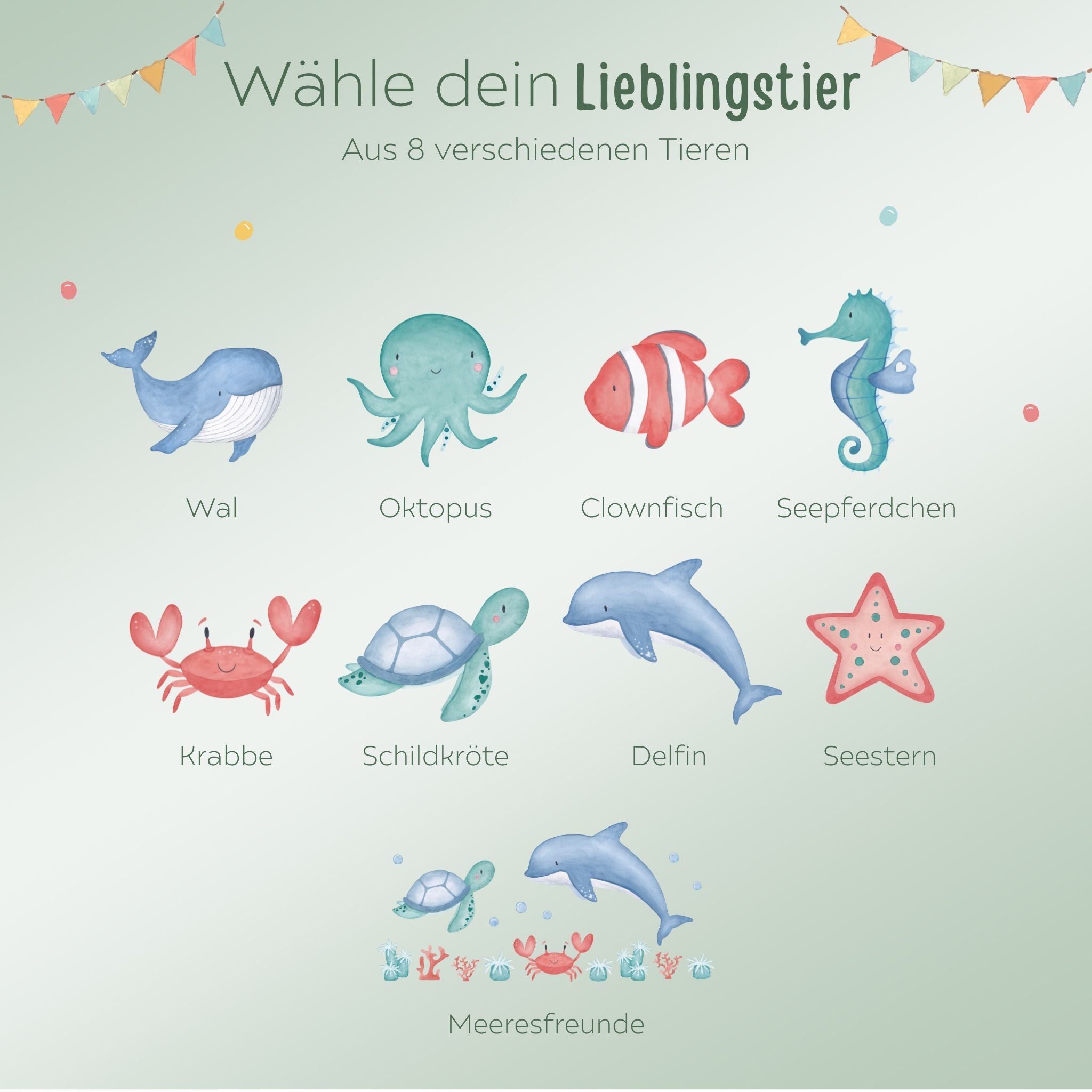 Frühstücksbrettchen personalisiert - Meerestier Girlande Aquarell - wunderwunsch