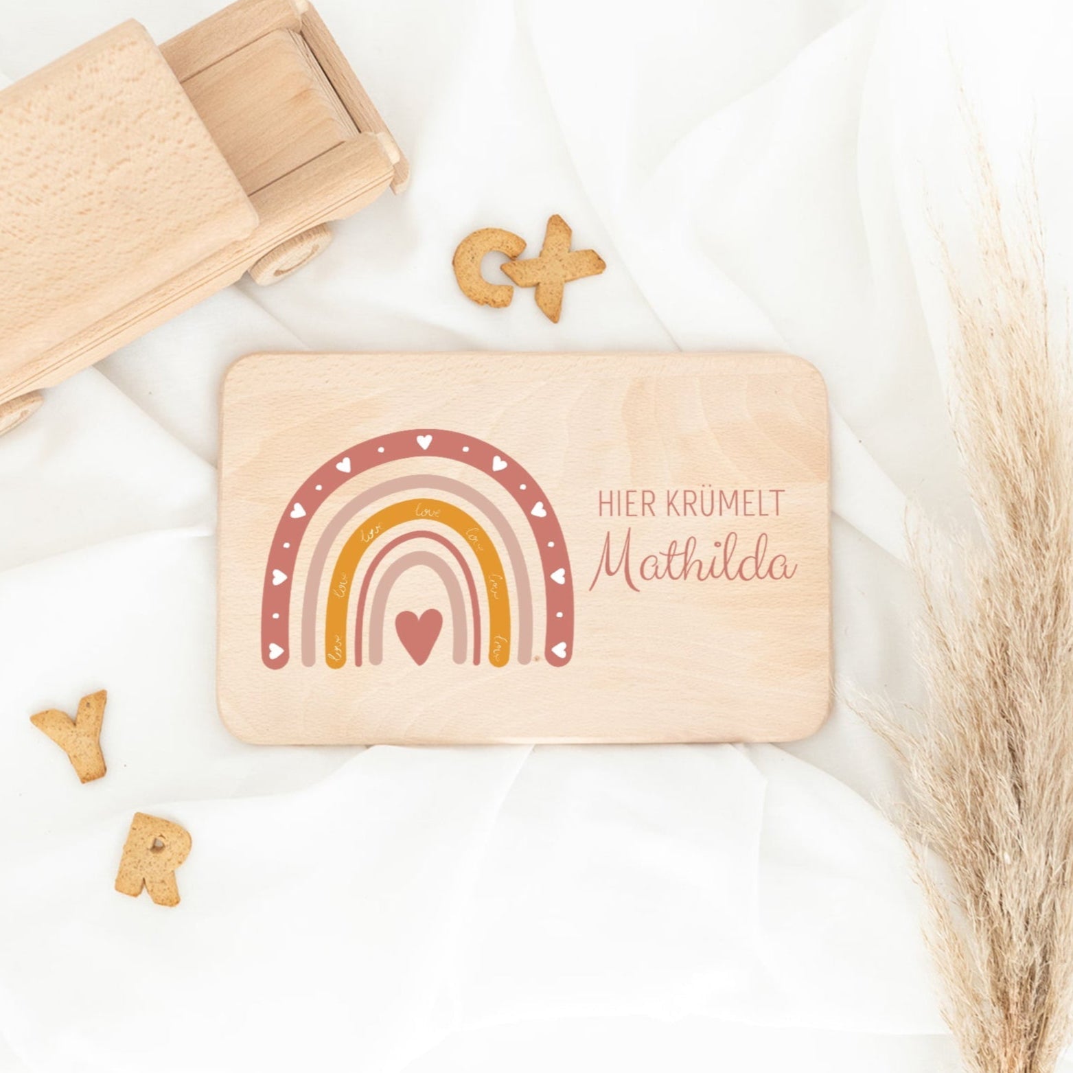 Frühstücksbrettchen personalisiert - Regenbogen rosa Aquarell - wunderwunsch