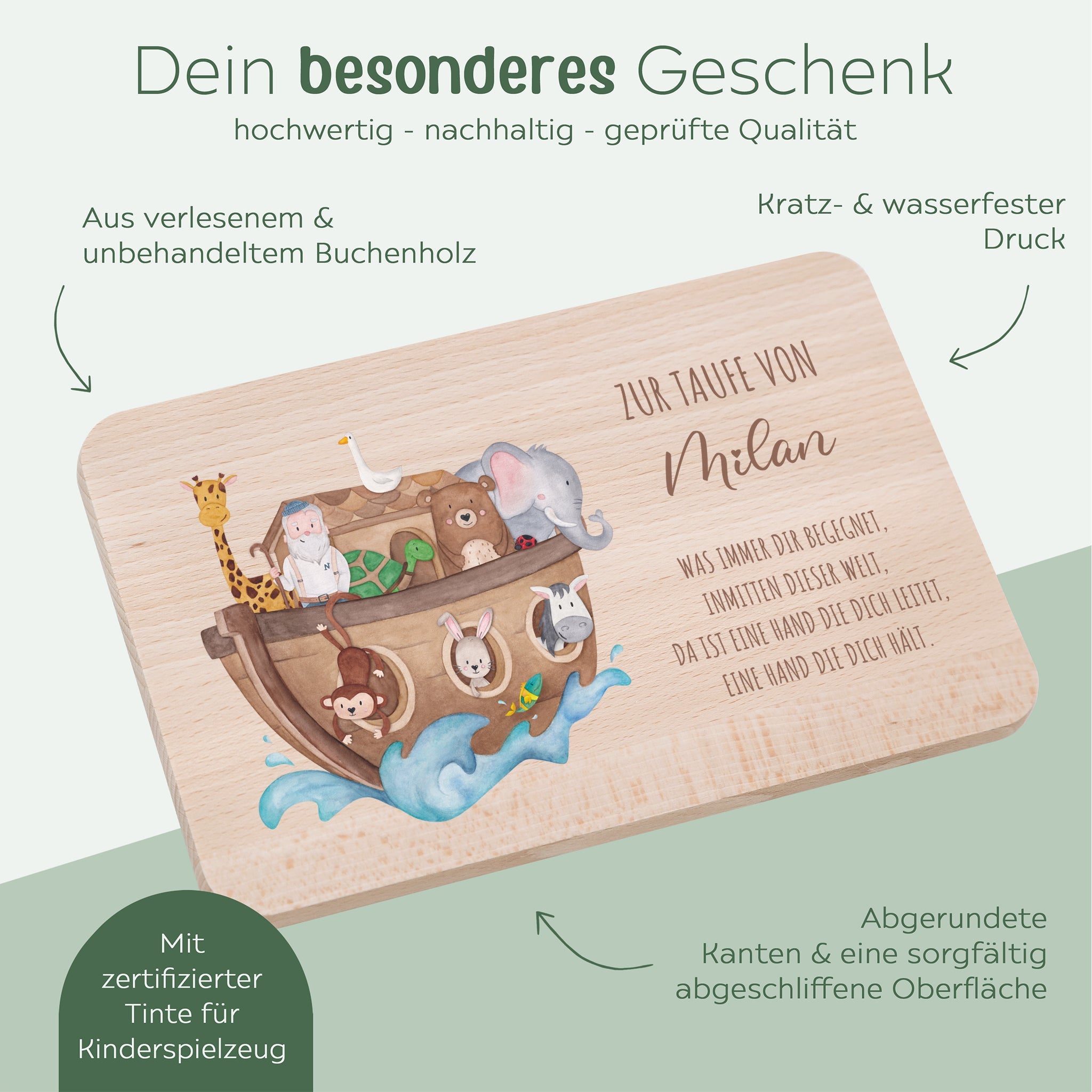 Frühstücksbrettchen personalisiert - Taufe Arche Noah Tiere - wunderwunsch