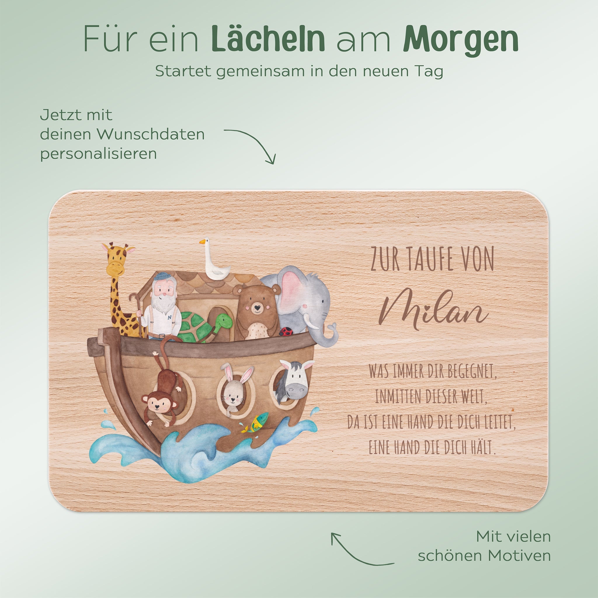 Frühstücksbrettchen personalisiert - Taufe Arche Noah Tiere - wunderwunsch