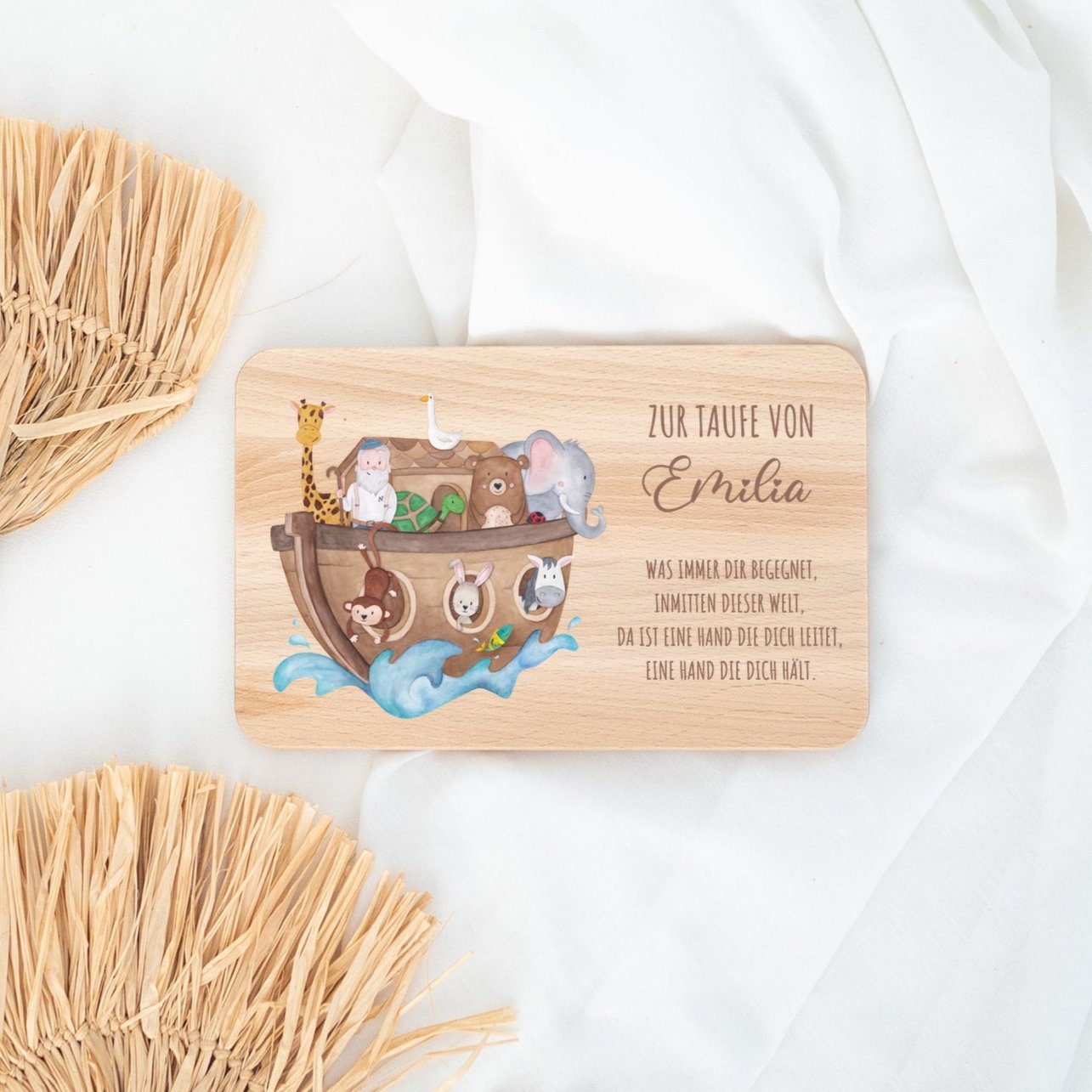 Frühstücksbrettchen personalisiert - Taufe Arche Noah Tiere - wunderwunsch
