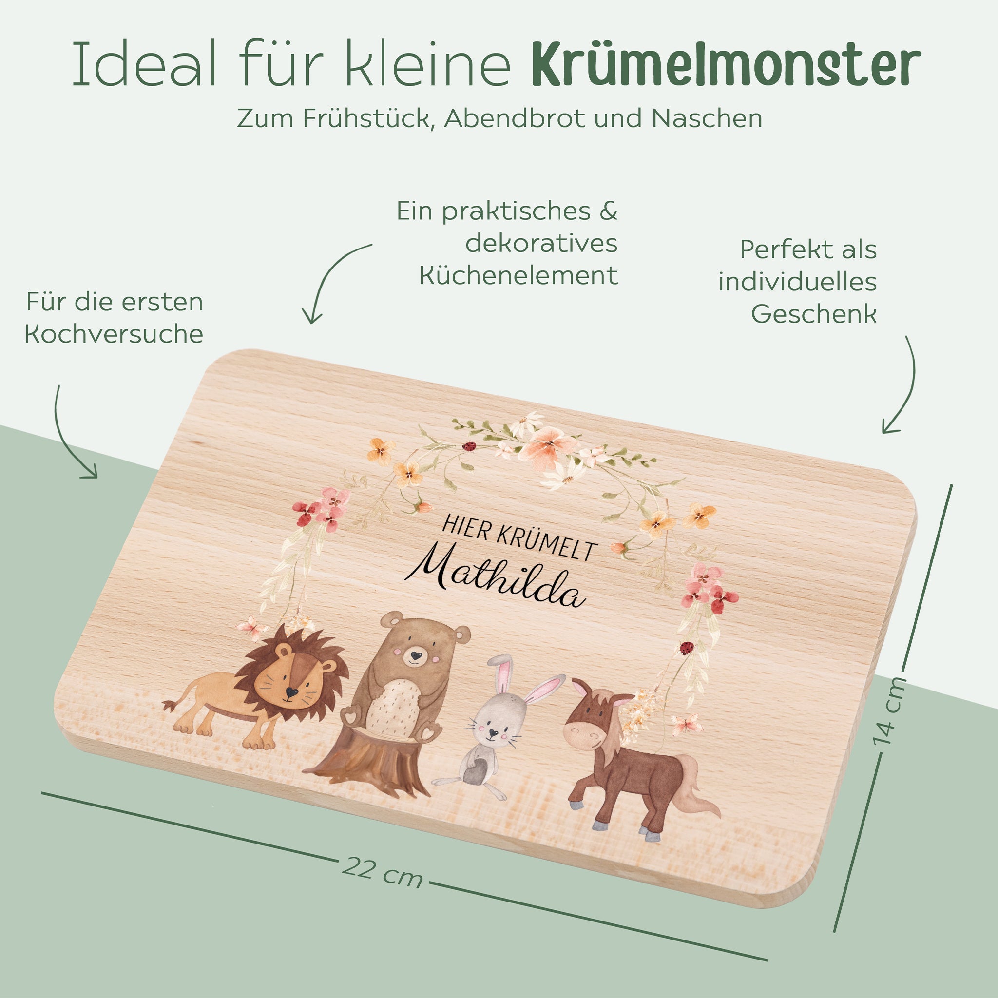 Frühstücksbrettchen personalisiert - Tiere Blumenkreis rosa Aquarell - wunderwunsch