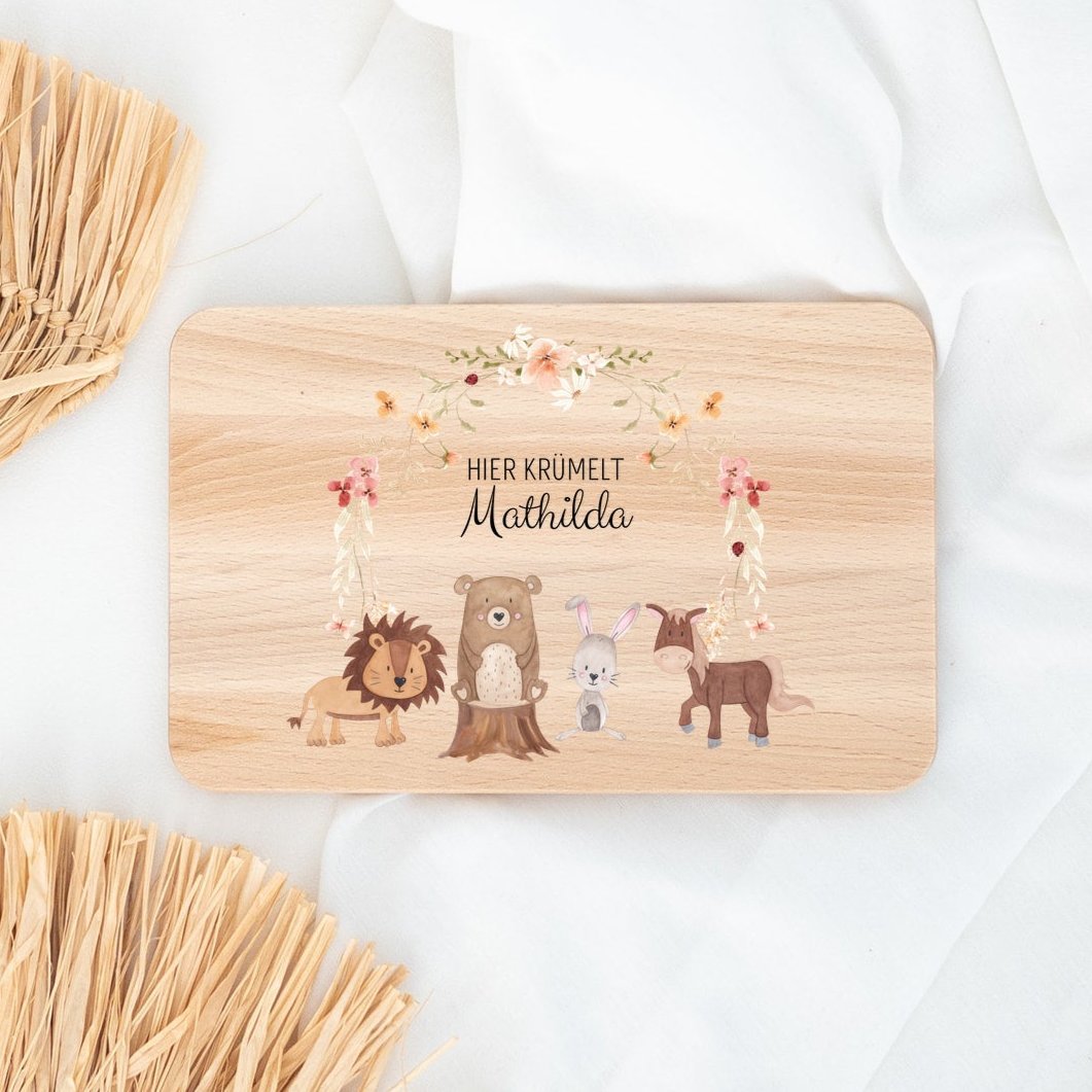 Frühstücksbrettchen personalisiert - Tiere Blumenkreis rosa Aquarell - wunderwunsch