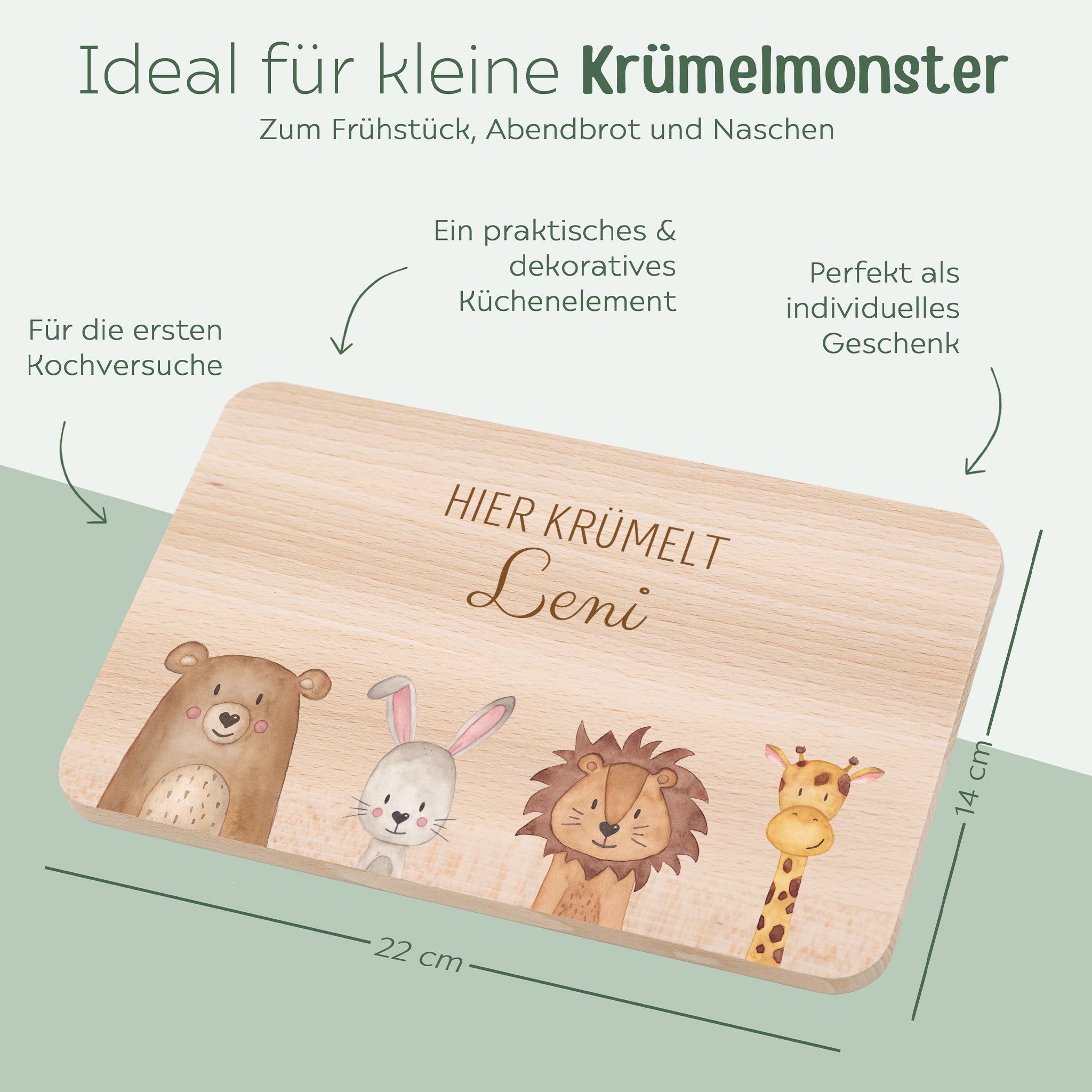 Frühstücksbrettchen personalisiert - Tiere unten Aquarell - wunderwunsch
