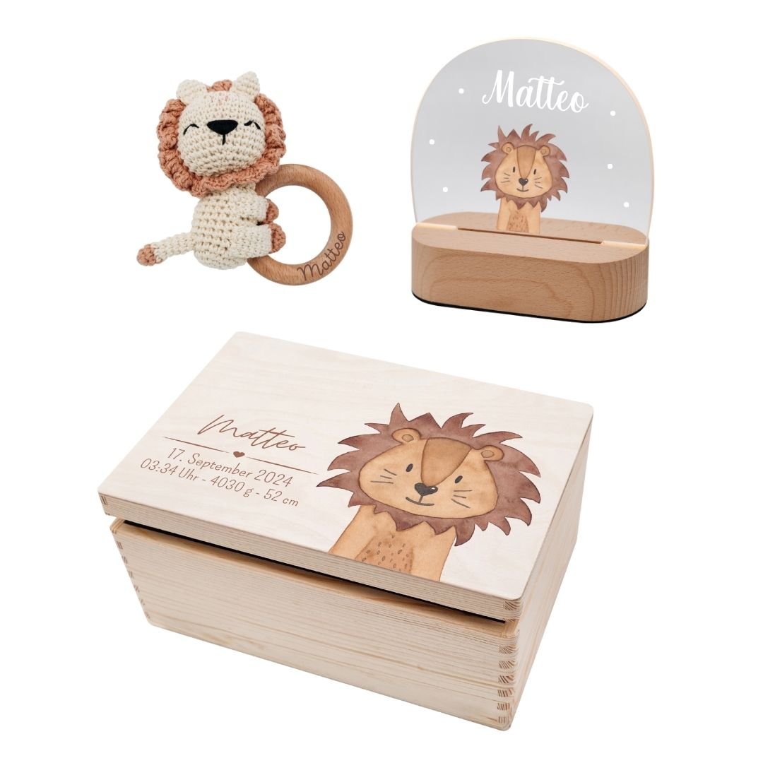 Geburts - Bundle - Erinnerungsbox Holz + LED Nachtlicht + Greifling personalisiert - Tier Aquarell - wunderwunsch