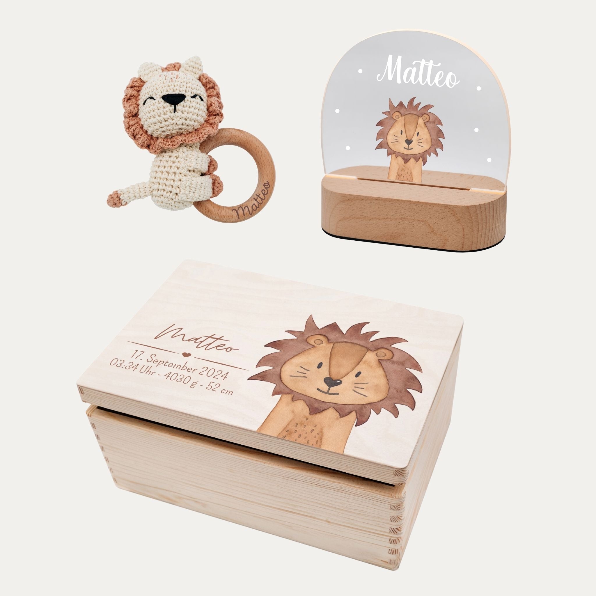 Geburts - Bundle - Erinnerungsbox Holz + LED Nachtlicht + Greifling personalisiert - Tier Aquarell - wunderwunsch