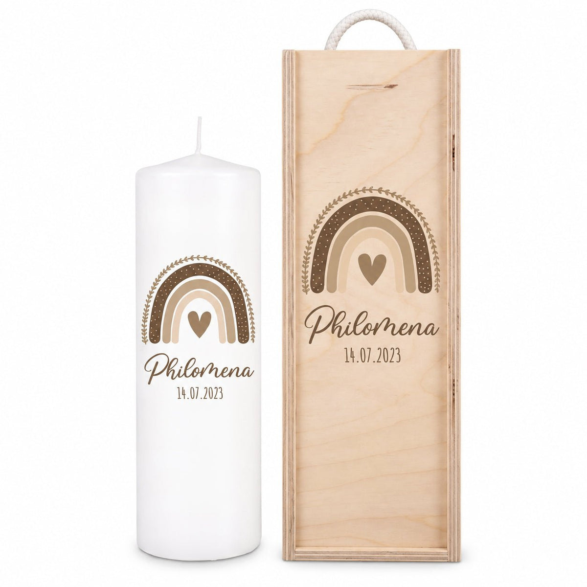 Geburtskerze personalisiert - Regenbogen Boho beige Aquarell - wunderwunsch