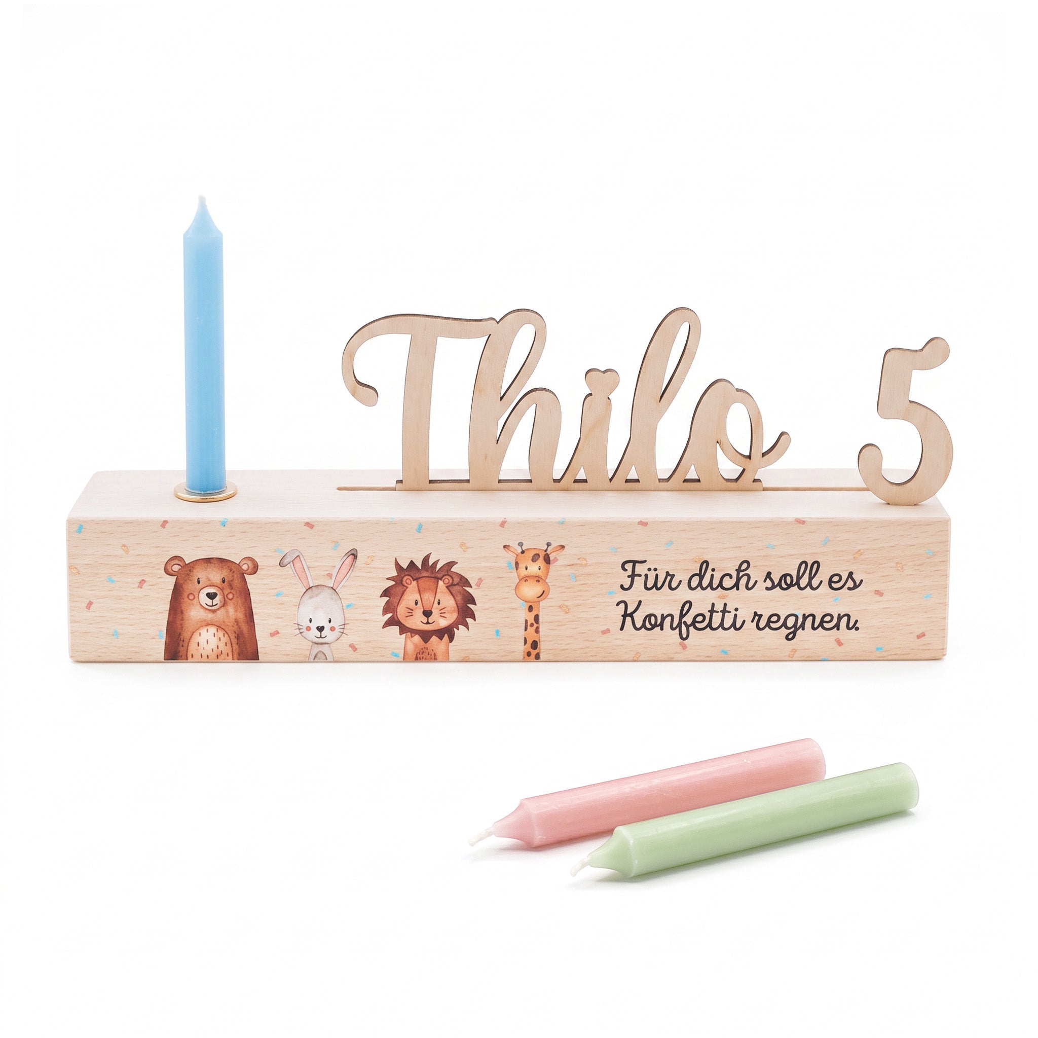 Geburtstagskerzenhalter Holz personalisiert - Aquarell Tiere - wunderwunsch