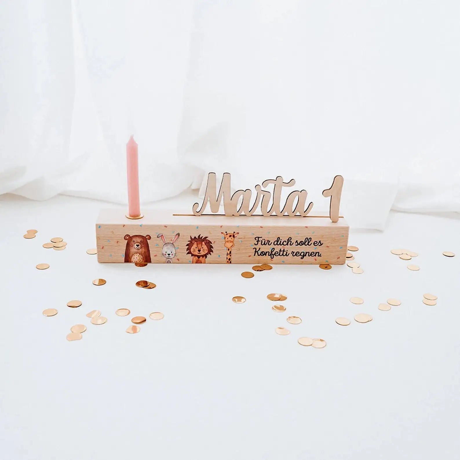 Geburtstagskerzenhalter Holz personalisiert - Aquarell Tiere - wunderwunsch