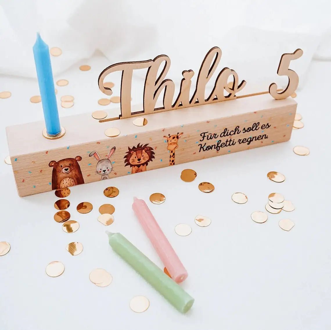 Geburtstagskerzenhalter Holz personalisiert - Aquarell Tiere - wunderwunsch
