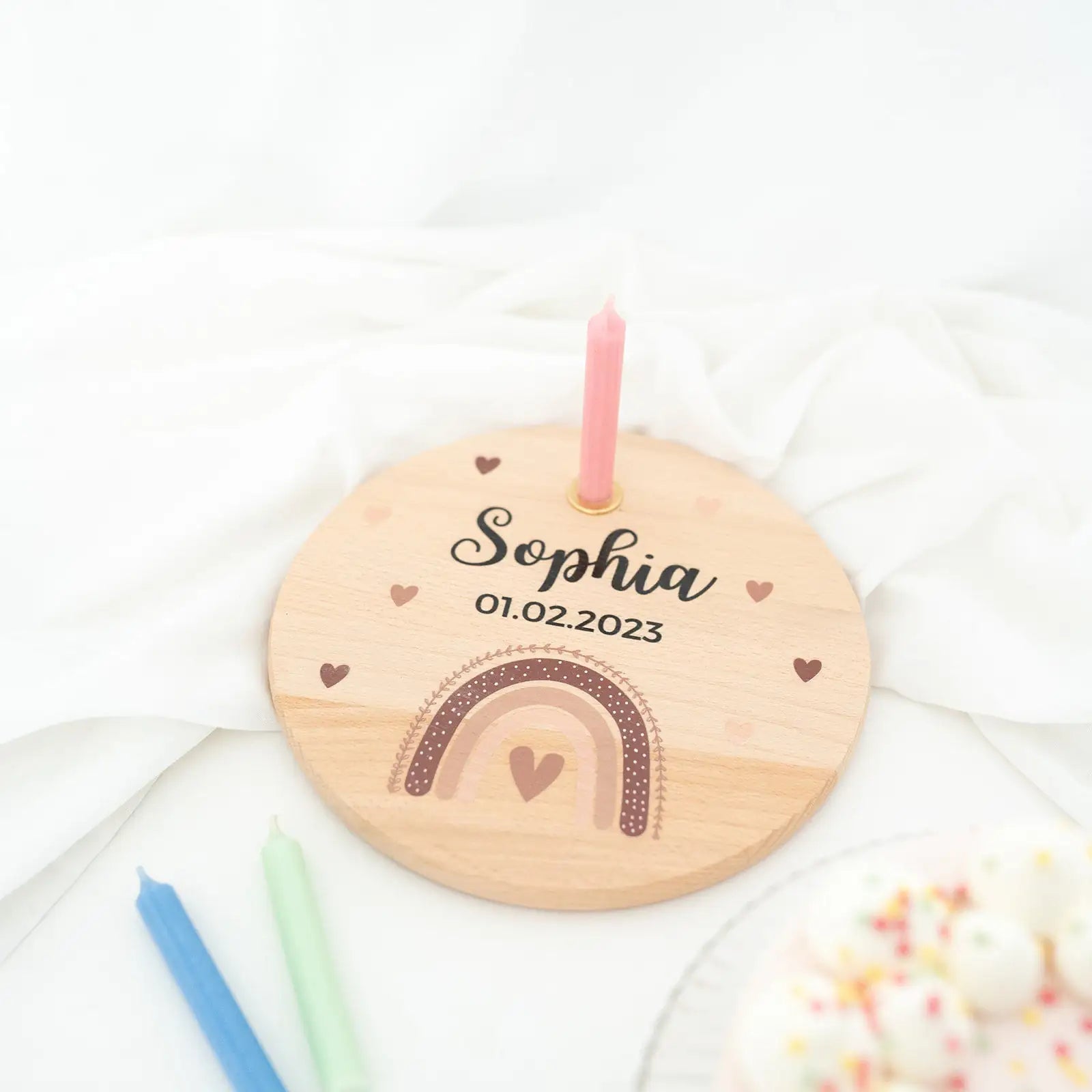 Geburtstagsteller Holz personalisiert - Regenbogen Boho beige Aquarell - wunderwunsch