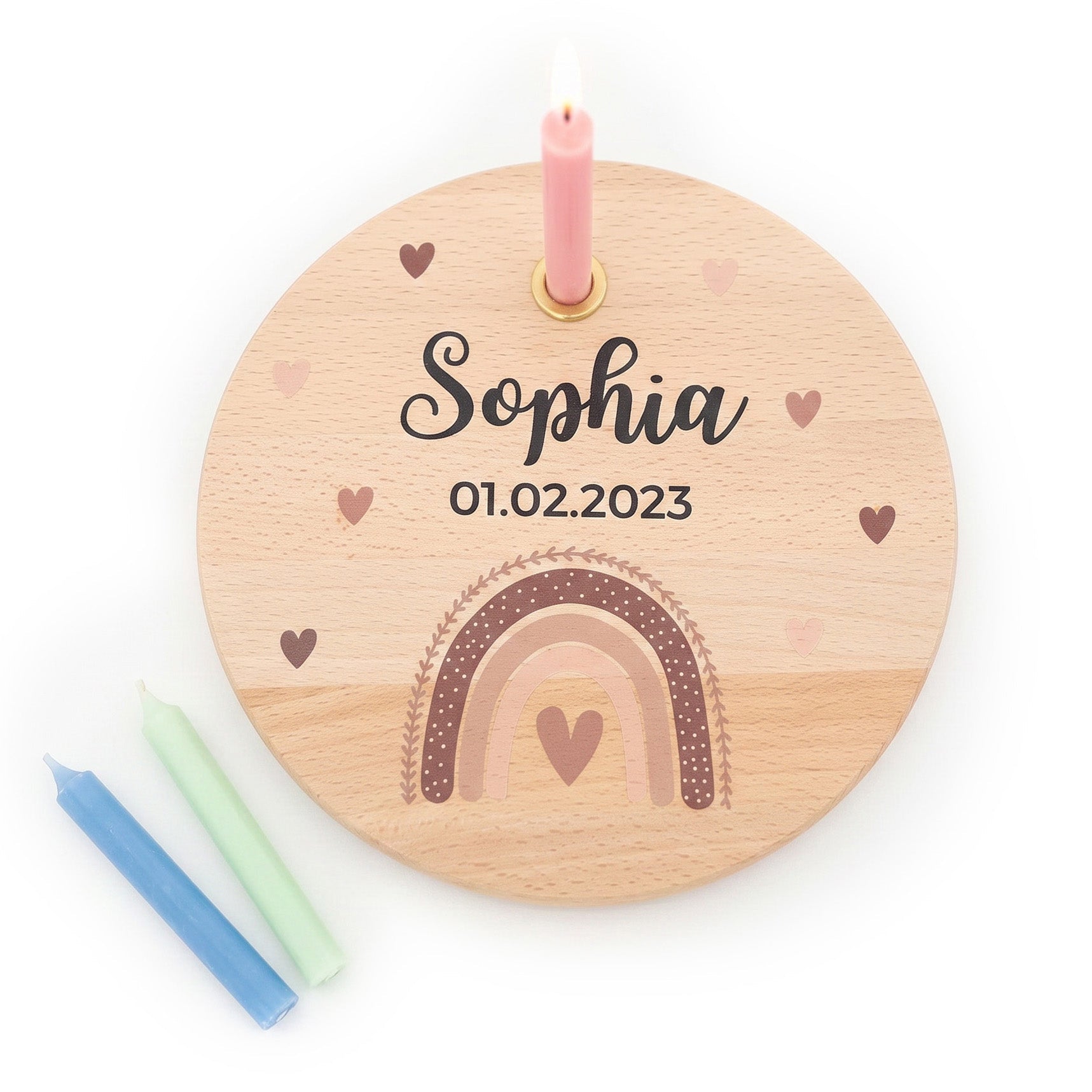 Geburtstagsteller Holz personalisiert - Regenbogen Boho beige Aquarell - wunderwunsch