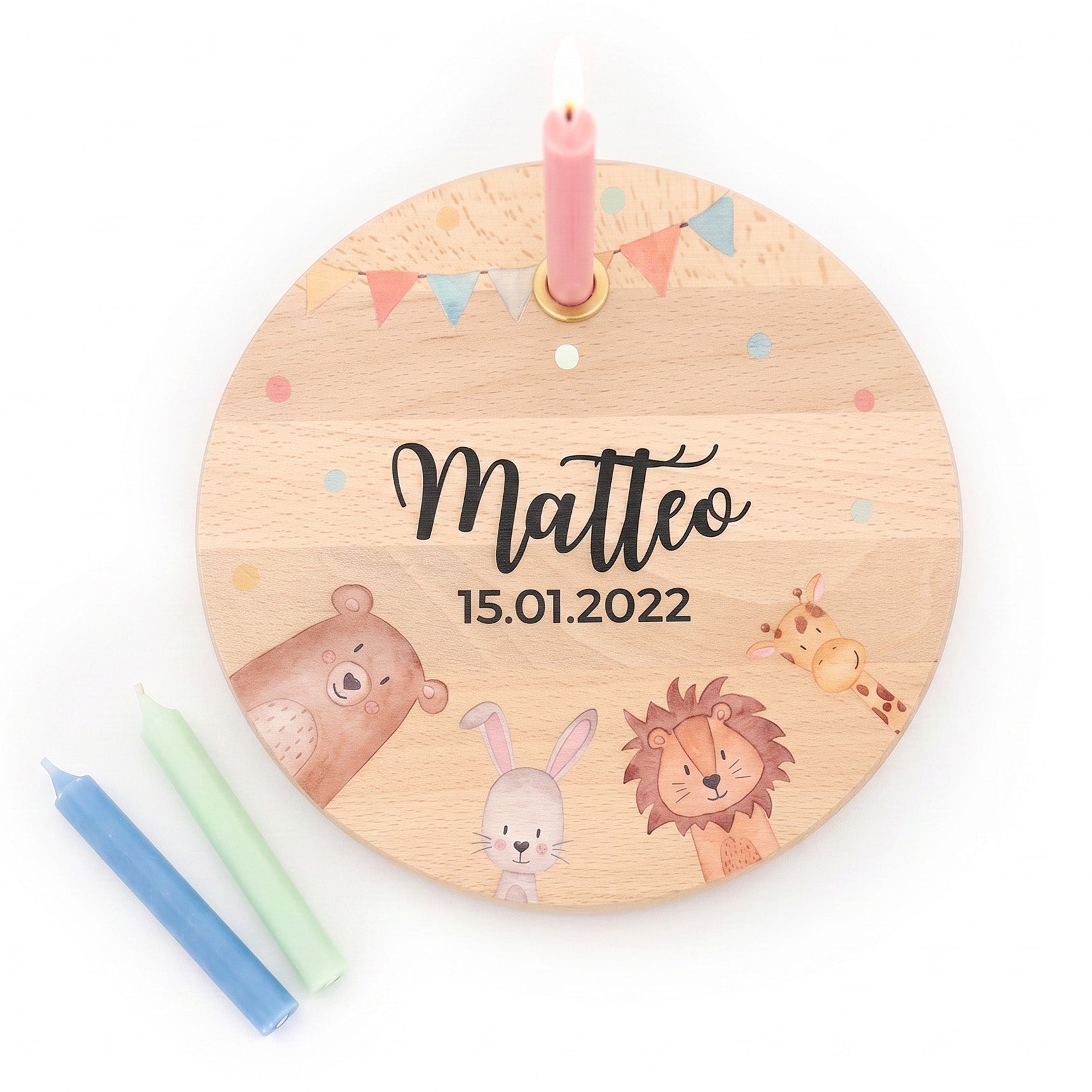 Geburtstagsteller Holz personalisiert - Tiere Aquarell - wunderwunsch