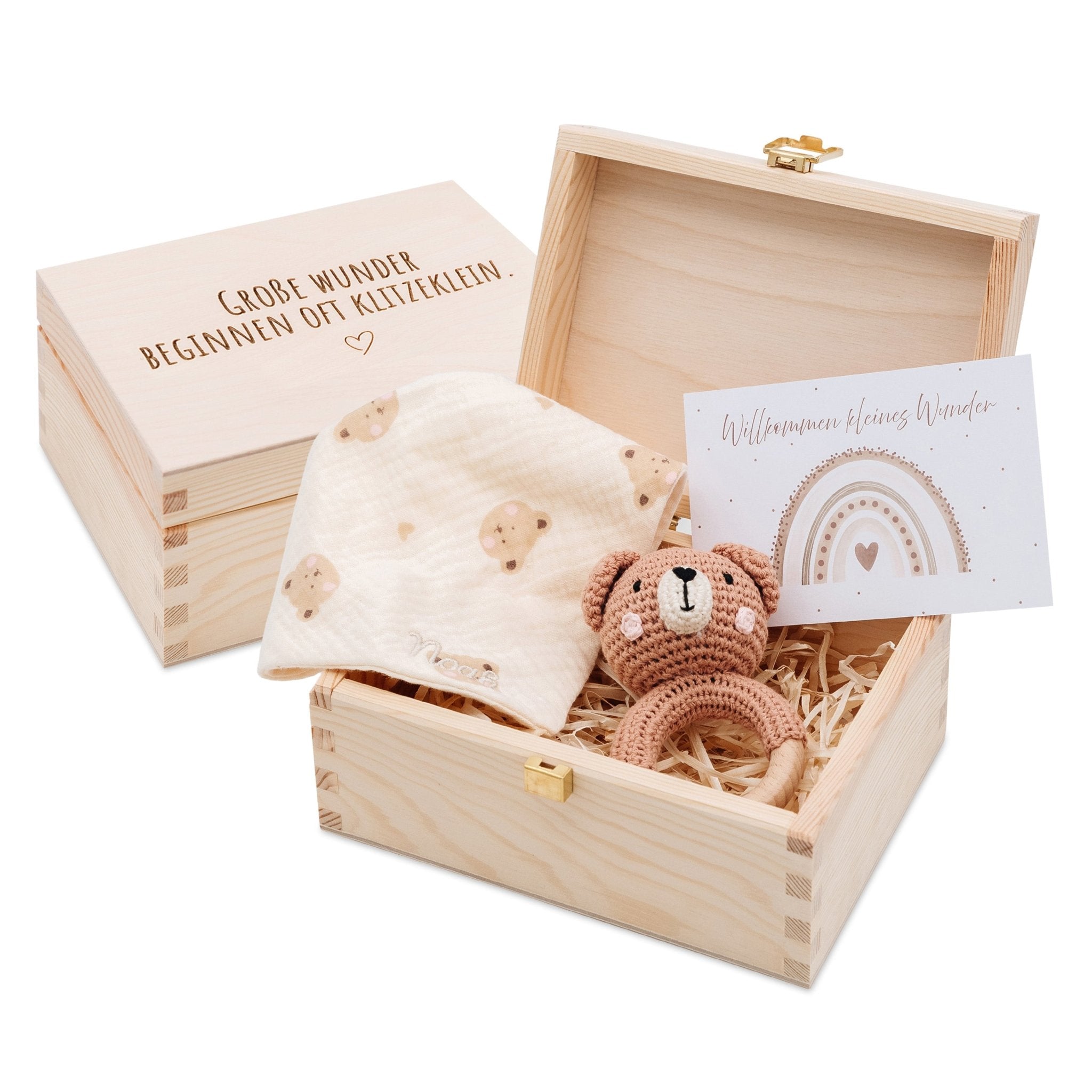 Geschenkbox Geburt - Bär Greifling + Halstuch + Postkarte - wunderwunsch