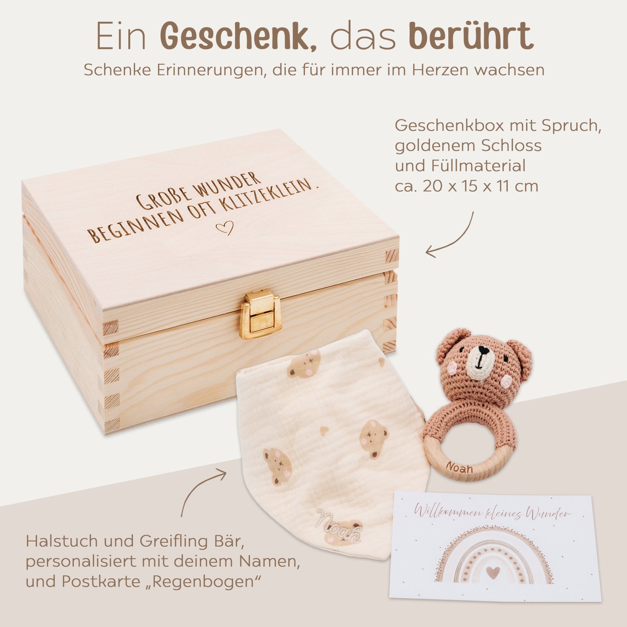 Geschenkbox Geburt - Bär Greifling + Halstuch + Postkarte - wunderwunsch