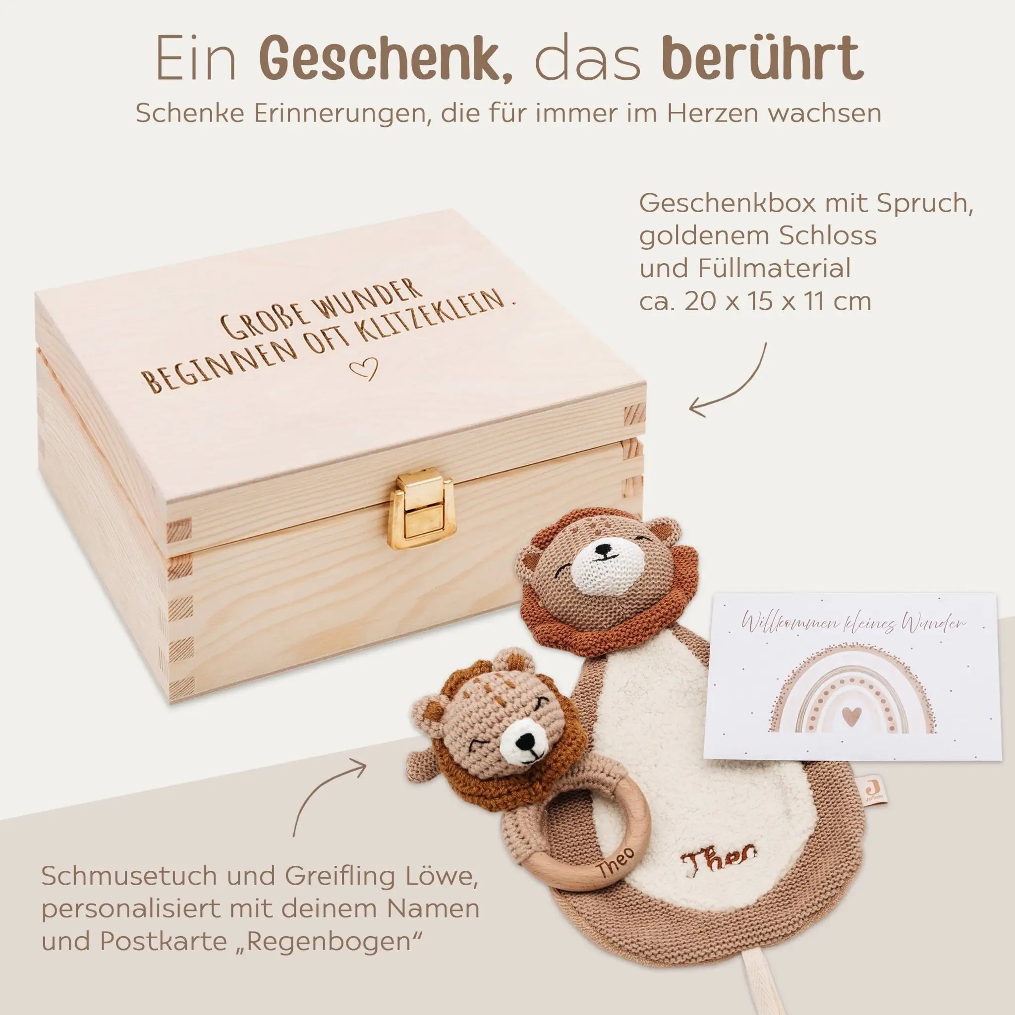 Geschenkbox Geburt - Löwe Greifling + Schmusetuch + Postkarte - wunderwunsch
