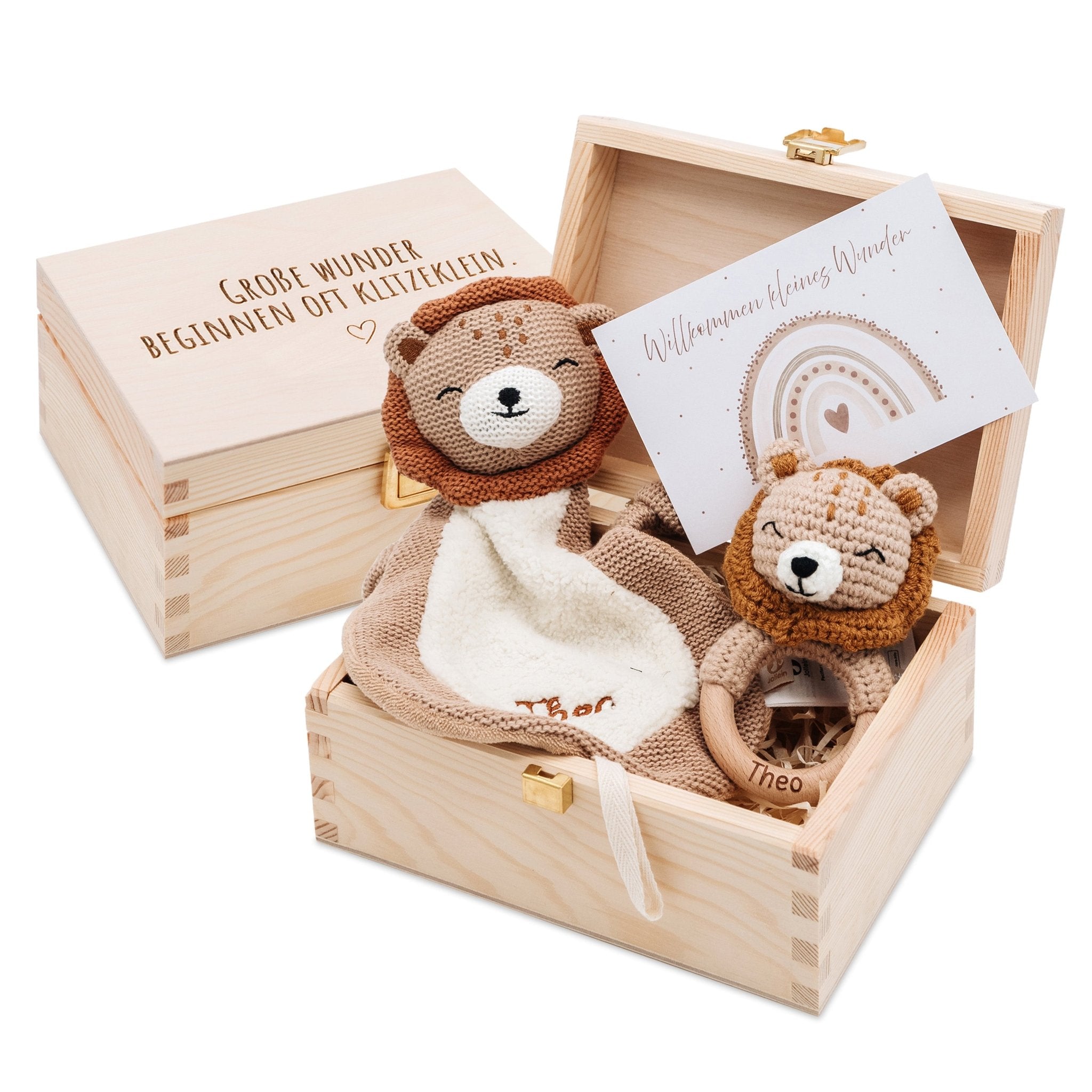 Geschenkbox Geburt - Löwe Greifling + Schmusetuch + Postkarte - wunderwunsch