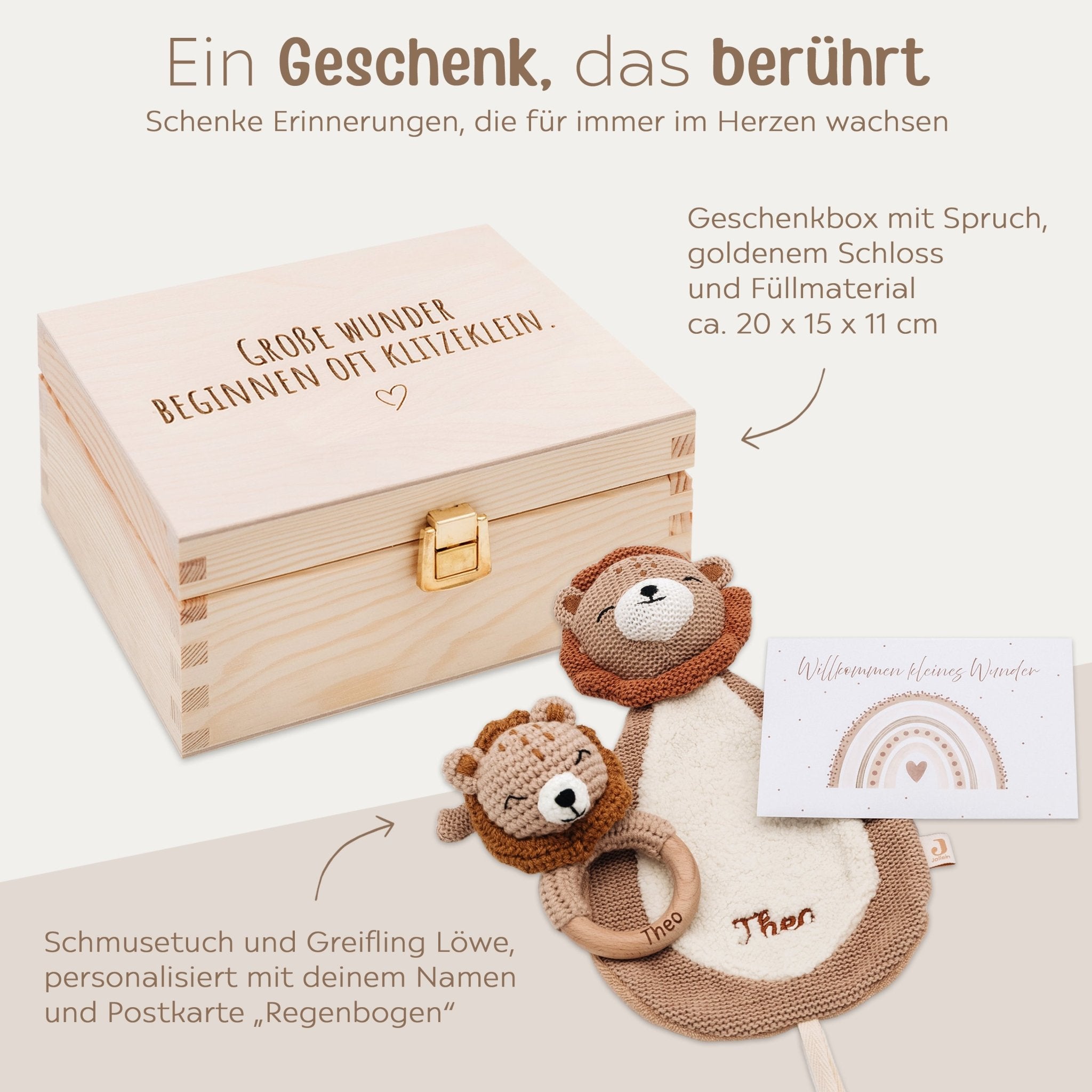 Geschenkbox Geburt - Löwe Greifling + Schmusetuch + Postkarte - wunderwunsch