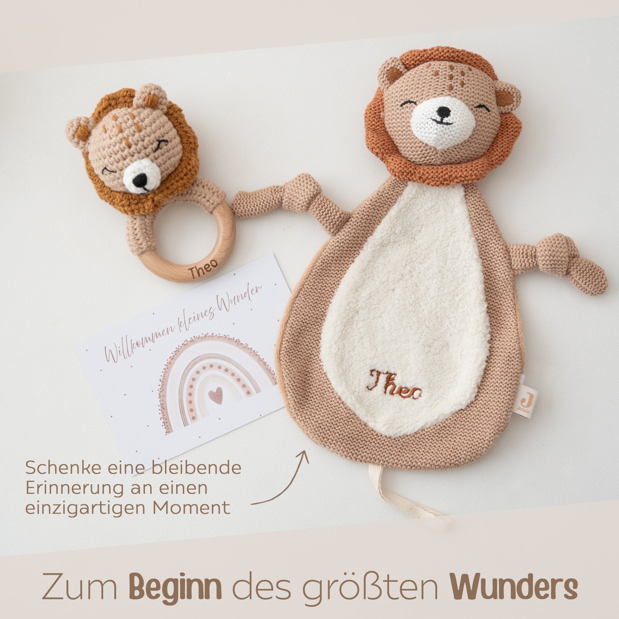 Geschenkbox Geburt - Löwe Greifling + Schmusetuch + Postkarte - wunderwunsch