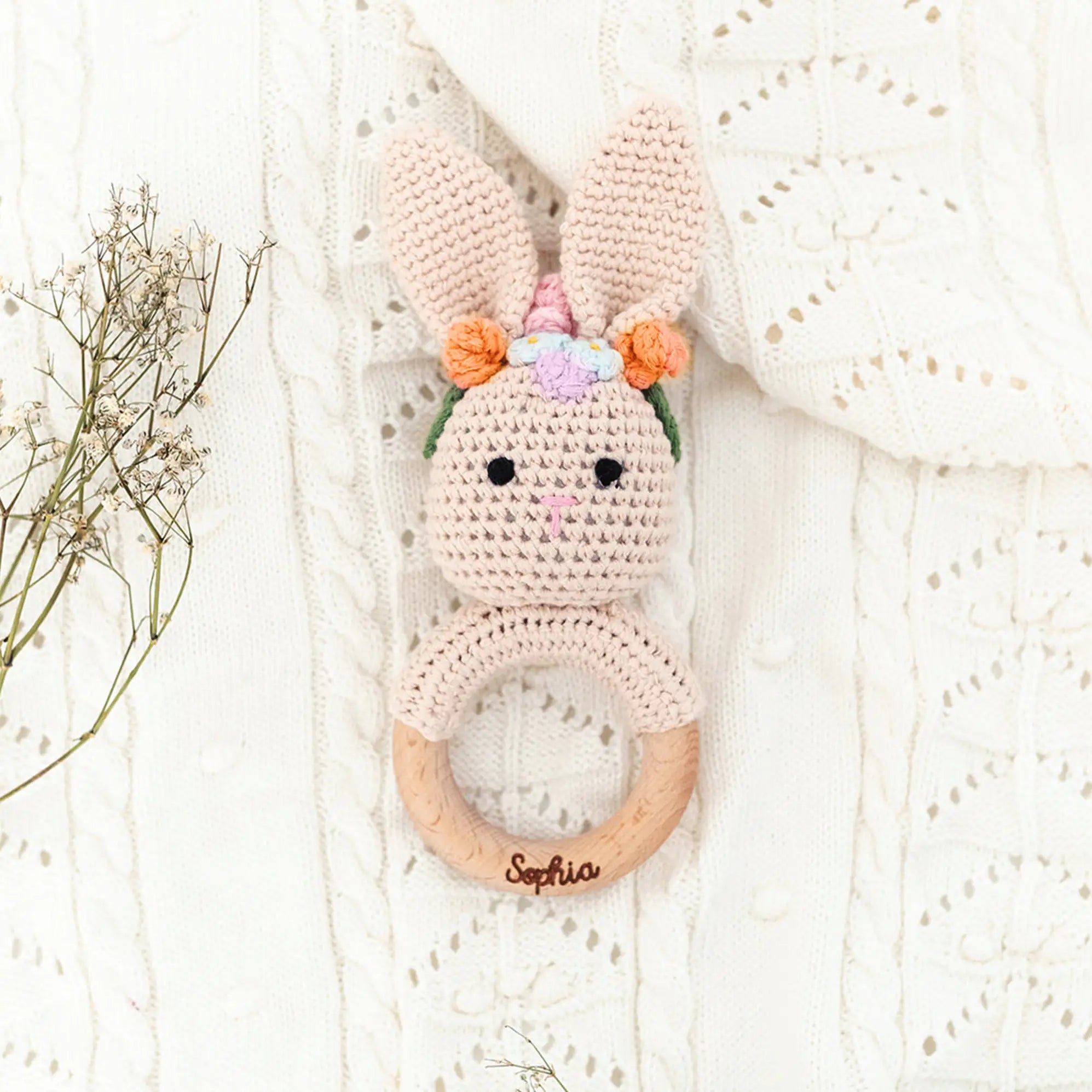 Greifling Hase mit Blumenkranz personalisiert - wunderwunsch