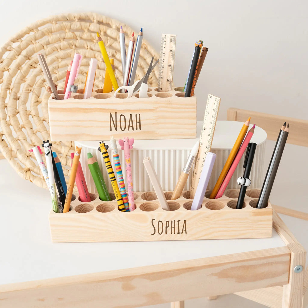 aufbewahrung für buntstifte Holz Schreibtisch Organizer mit dicken Löchern personalisierbar